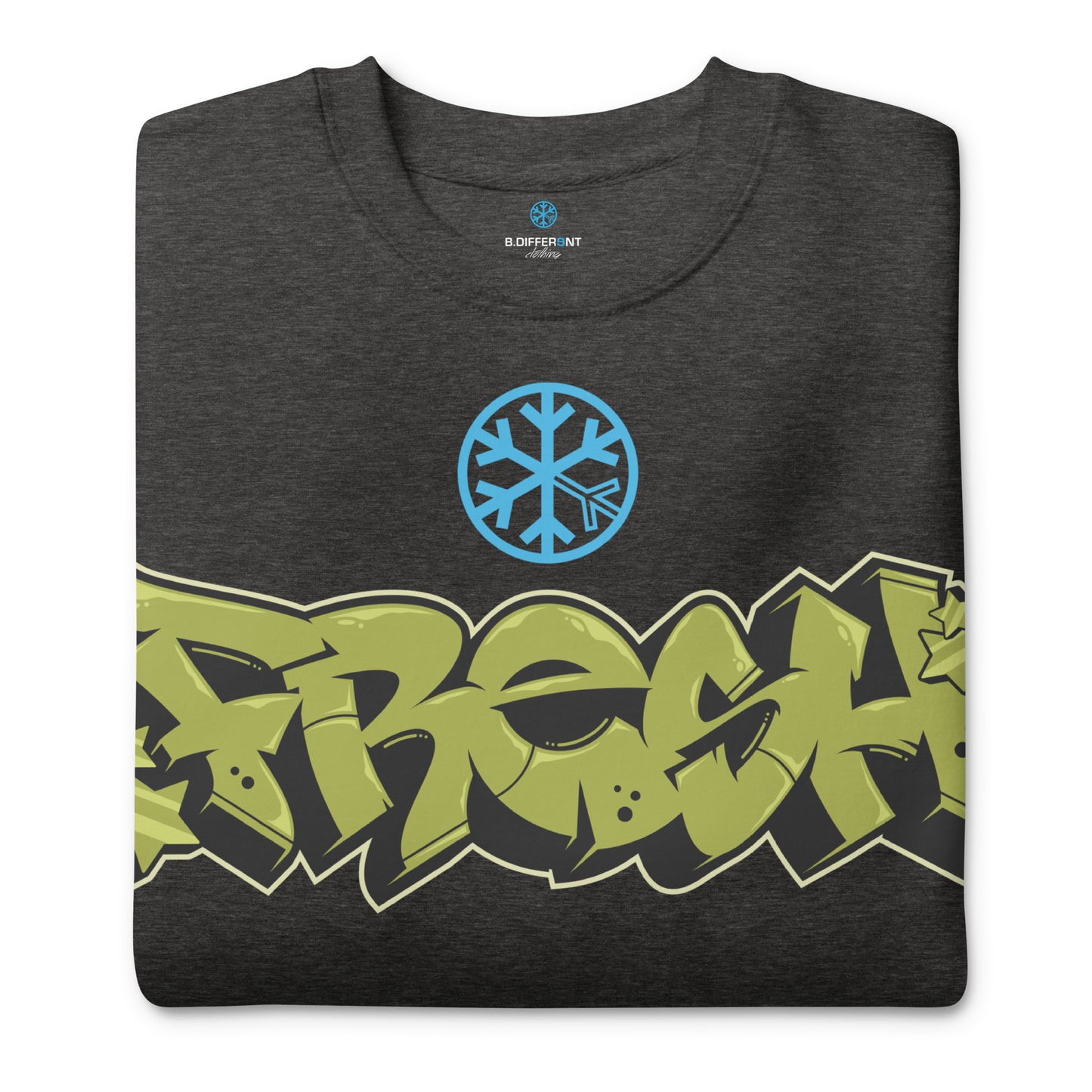 Darkgray-Fresh Graffiti Piece Sweatshirt from B.Different Clothing, folded, graffiti-inspired streetwear