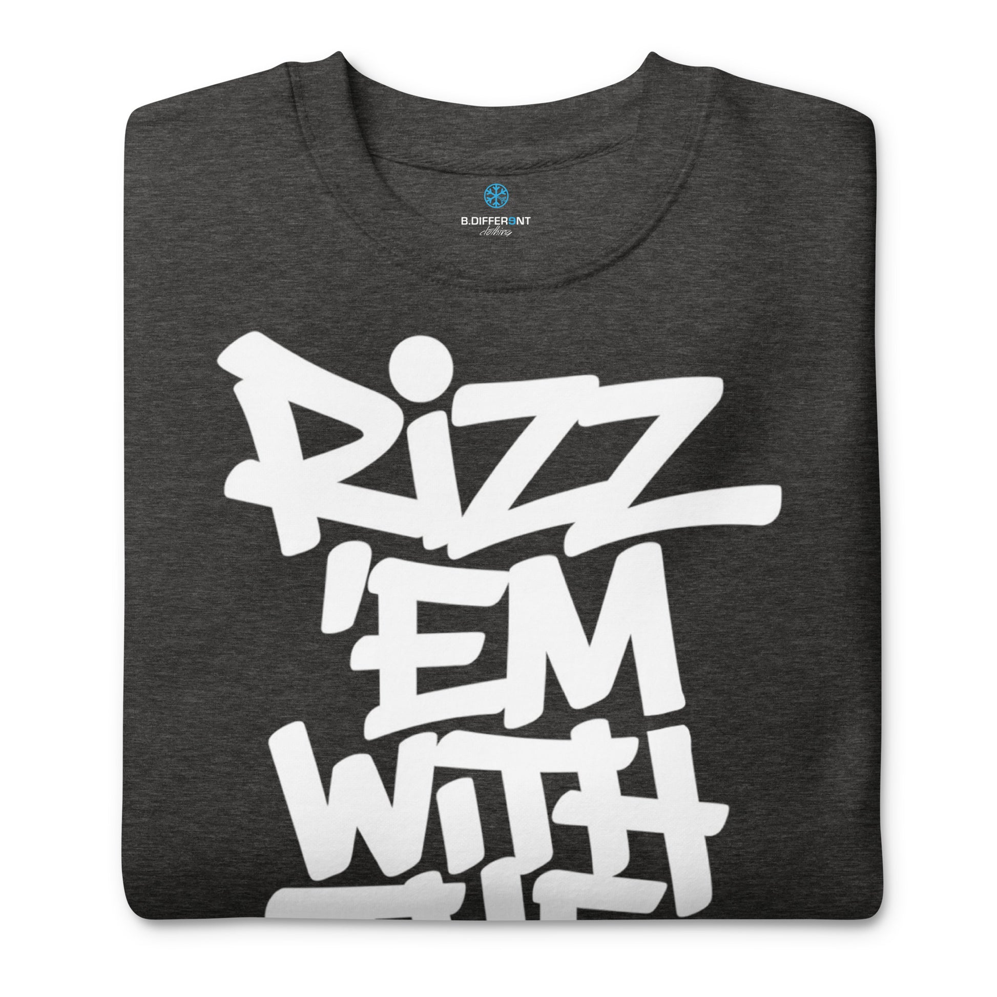 Darkgray-Rizz 'Em With The 'Tism Graffiti Sweatshirt from B.Different Clothing, folded, graffiti-inspired streetwear