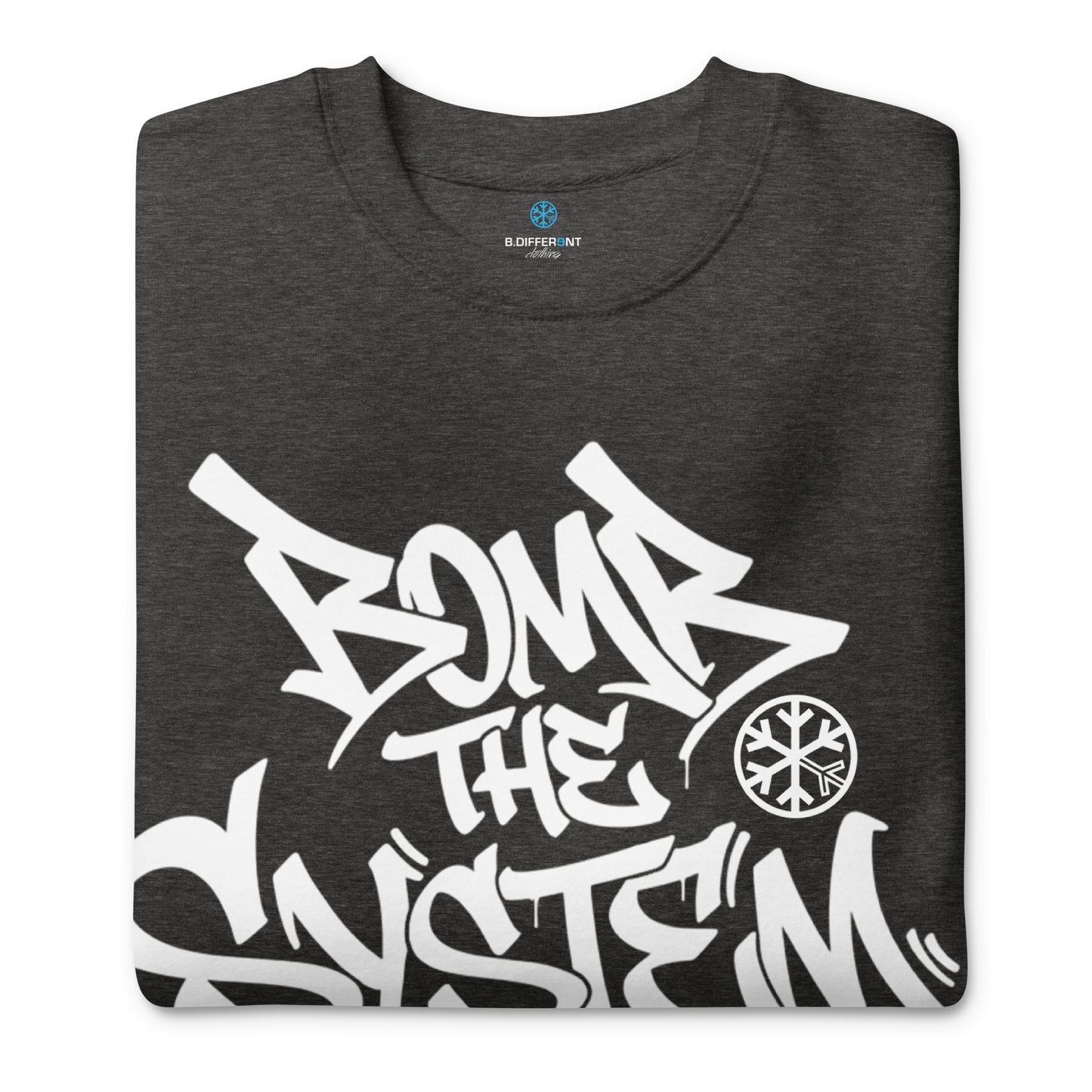 Darkgray-Bomb The System Graffiti Sweatshirt from B.Different Clothing, folded, graffiti-inspired streetwear