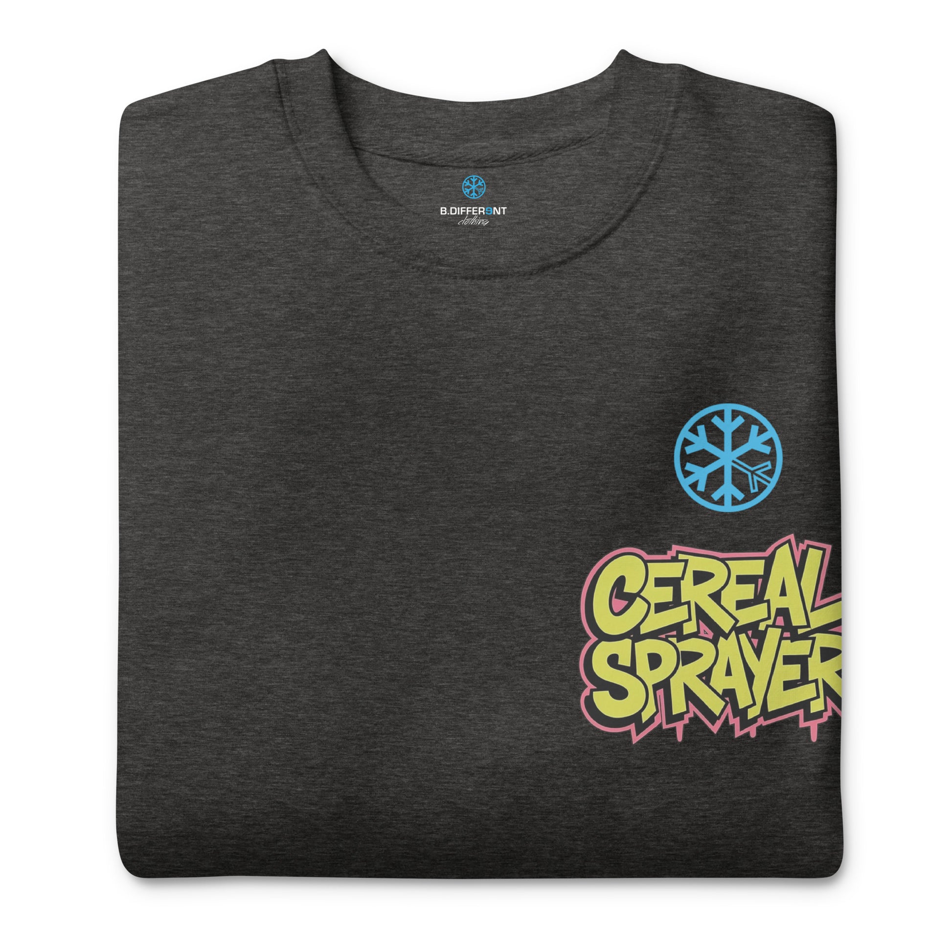 Darkgray-Cereal Sprayer Graffiti Sweatshirt from B.Different Clothing, folded, graffiti-inspired streetwear