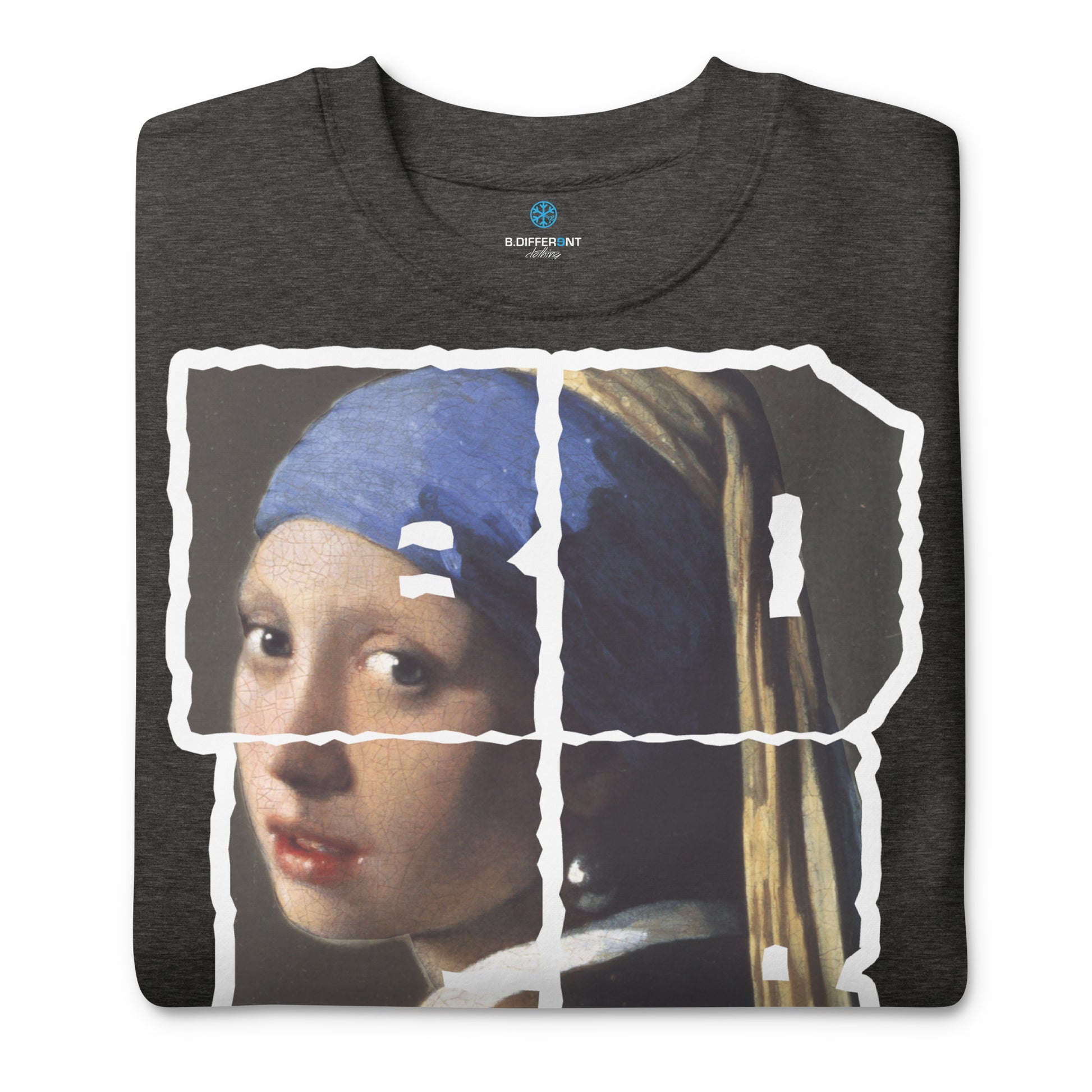 Darkgray-BDFRNT Throwie x Girl With Pearl Earring Graffiti Sweatshirt from B.Different Clothing, folded, graffiti-inspired streetwear