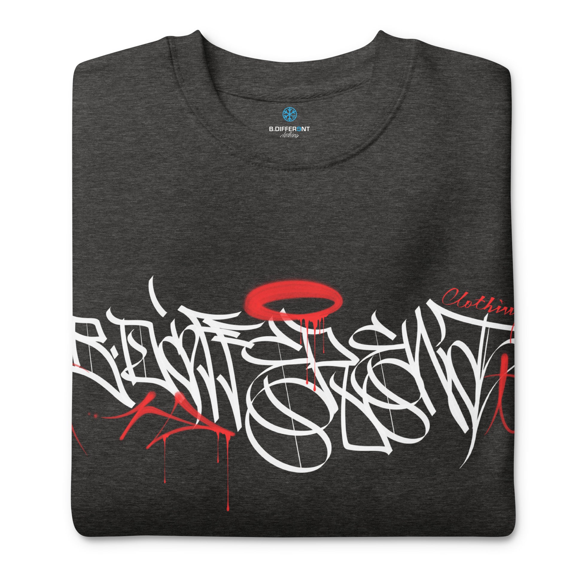 Darkgray-Caos One Collab Graffiti Sweatshirt from B.Different Clothing, folded, graffiti-inspired streetwear