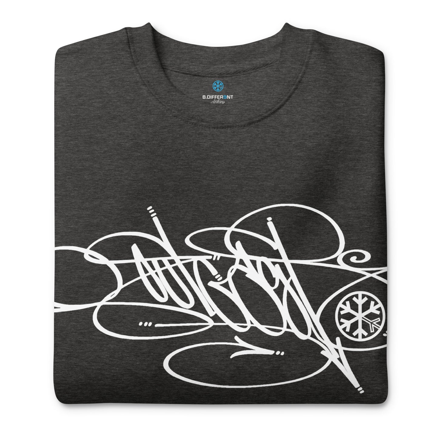 Darkgray-Outcast Tag Sweatshirt by Graffiti Dad from B.Different Clothing, folded, graffiti-inspired streetwear