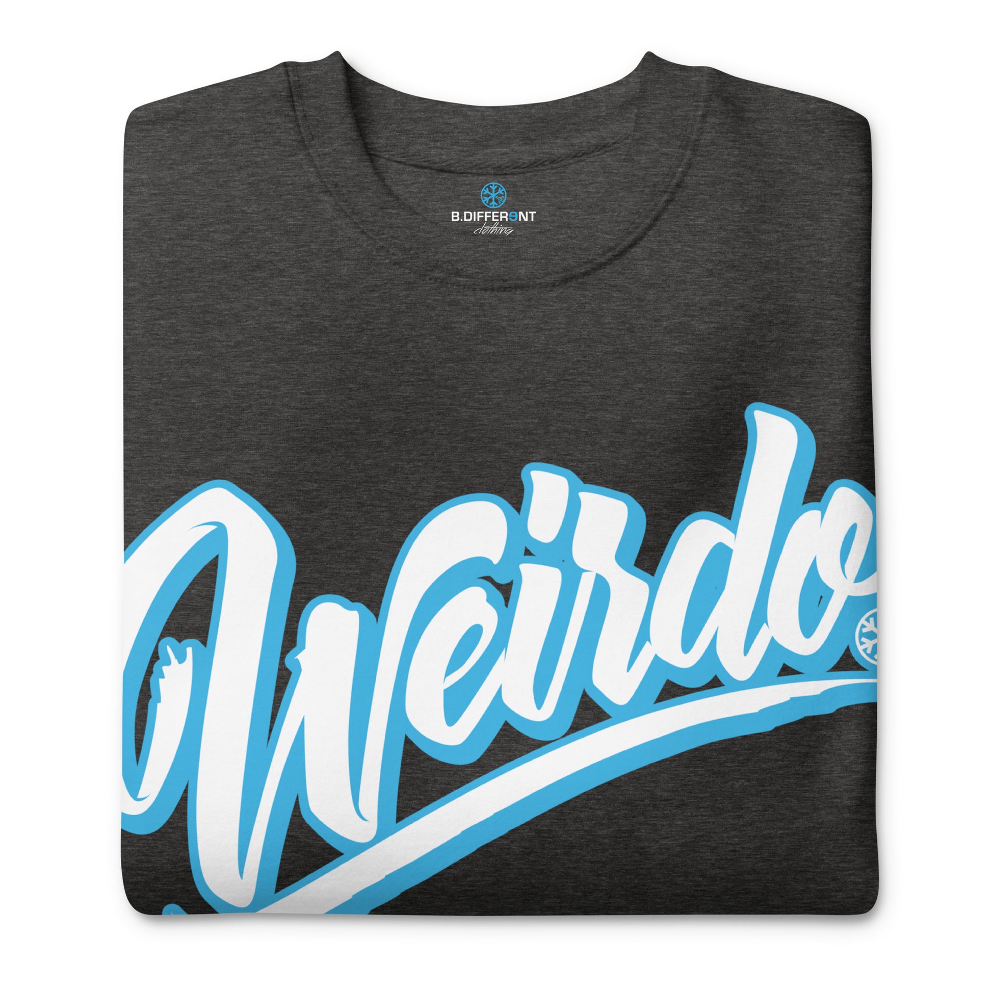 Charcoal Heather-Weirdo Sweatshirt from B.Different Clothing, folded, graffiti-inspired streetwear