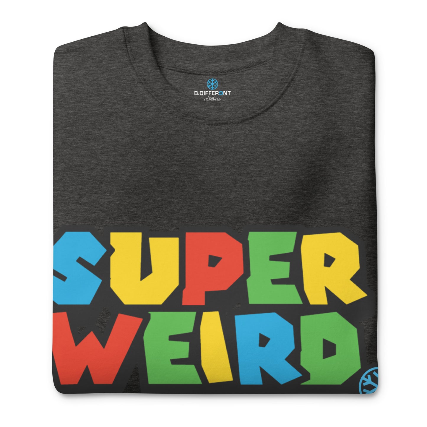 Charcoal Heather-Super Weird Bros Sweatshirt from B.Different Clothing, folded, graffiti-inspired streetwear