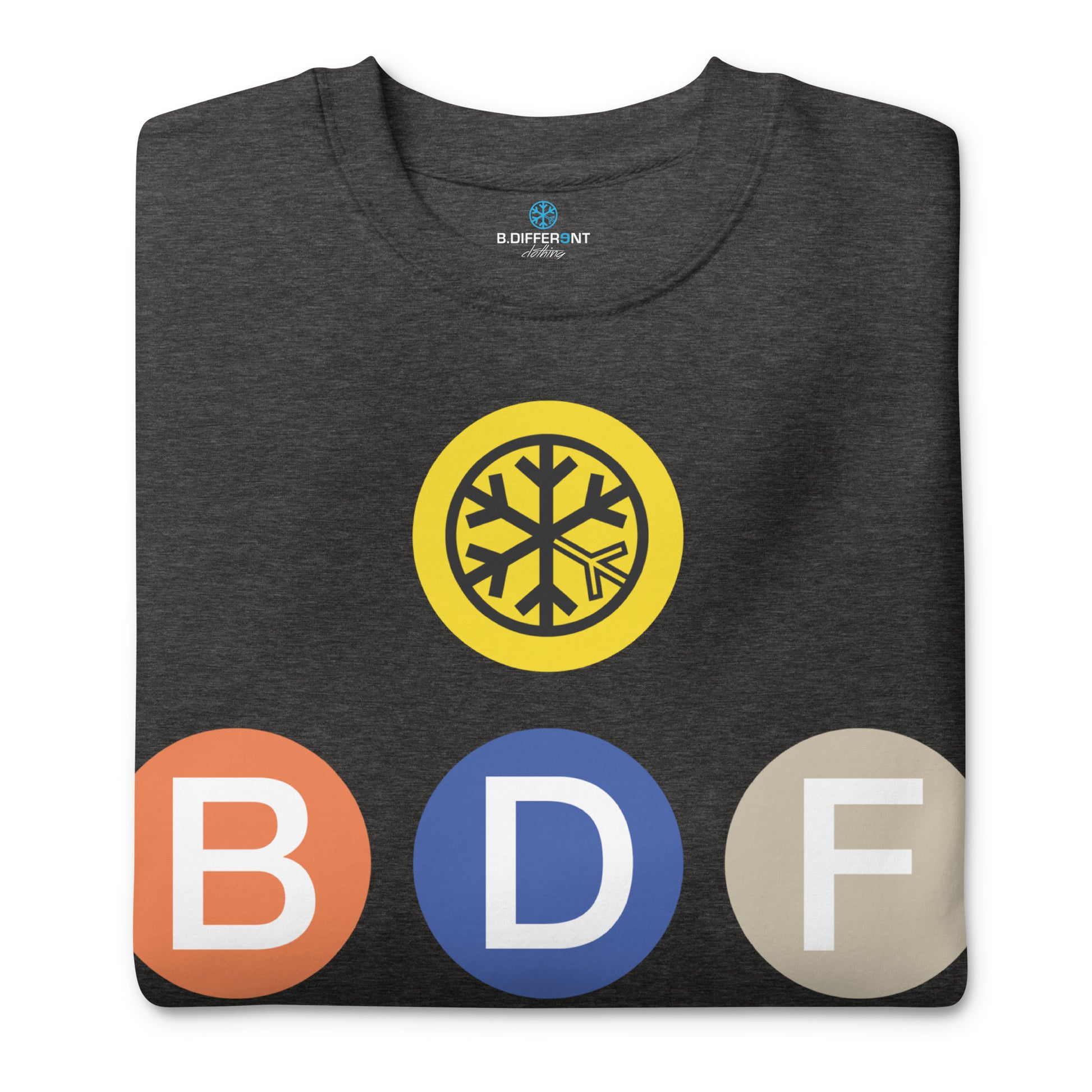 Charcoal Heather-BDFRNT NYC Subway Sweatshirt from B.Different Clothing, folded, graffiti-inspired streetwear