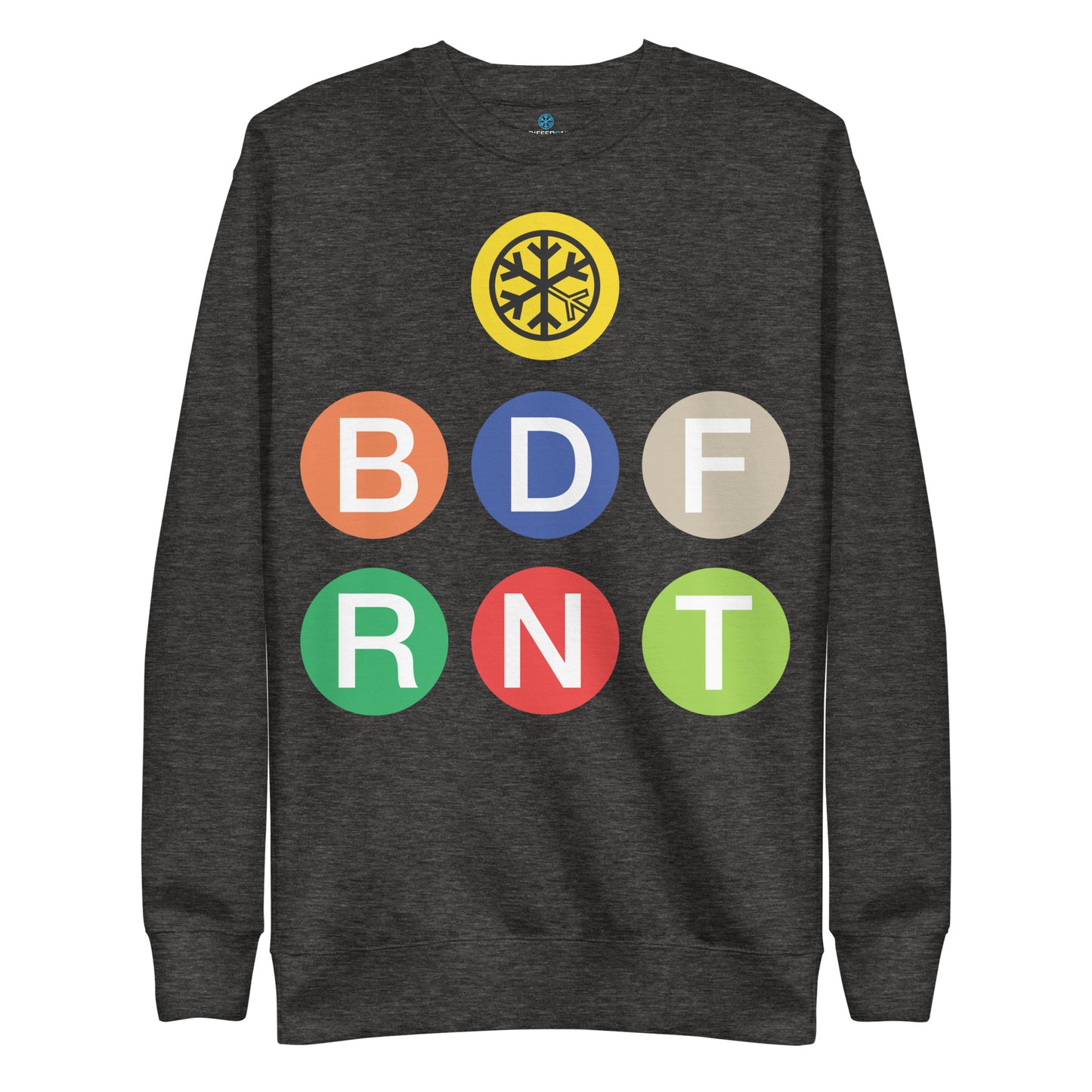 Charcoal Heather-BDFRNT NYC Subway Sweatshirt from B.Different Clothing, front view, graffiti-inspired streetwear