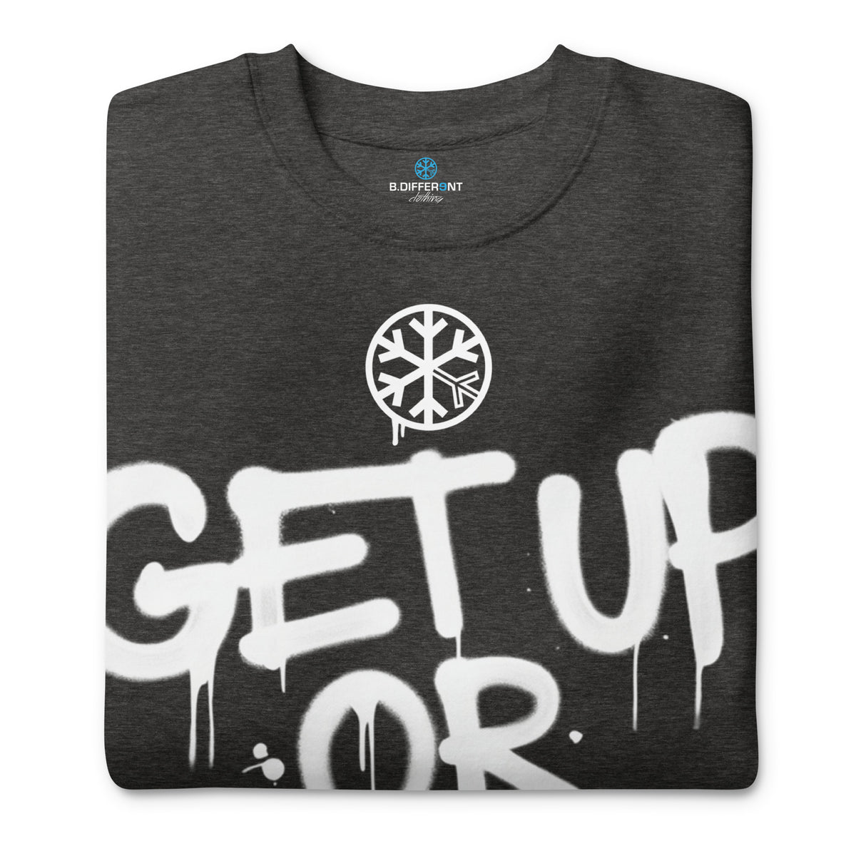 Charcoal Heather-Get Up or Die Graffiti Tag Sweatshirt from B.Different Clothing, folded, graffiti-inspired streetwear
