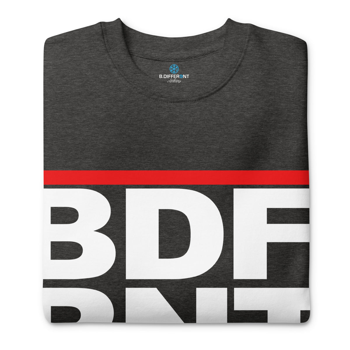 Charcoal Heather-BDFRNT OG Logo Sweatshirt from B.Different Clothing, folded, graffiti-inspired streetwear