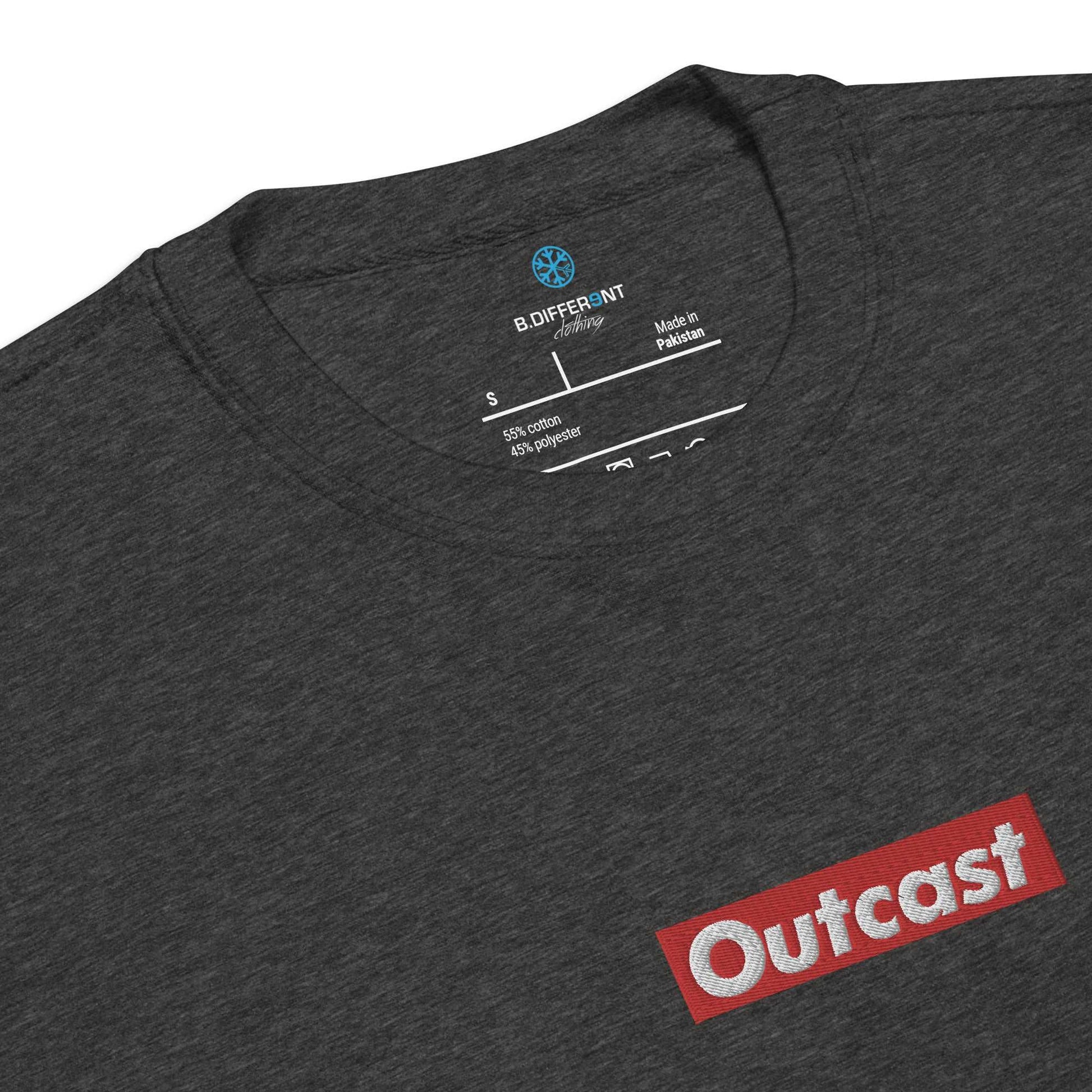 collar of Outcast box sweatshirt dark gray b.different clothing street art graffiti inspired independent streetwear