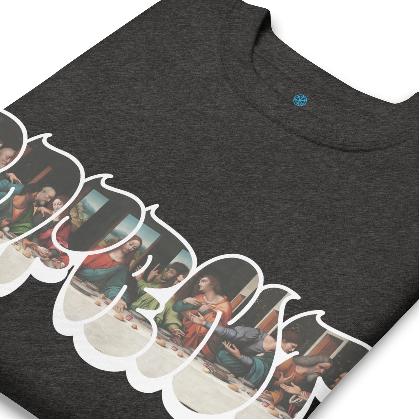 Darkgray-BDFRNT Throwie x Last Supper Graffiti Sweatshirt from B.Different Clothing, detail, graffiti-inspired streetwear