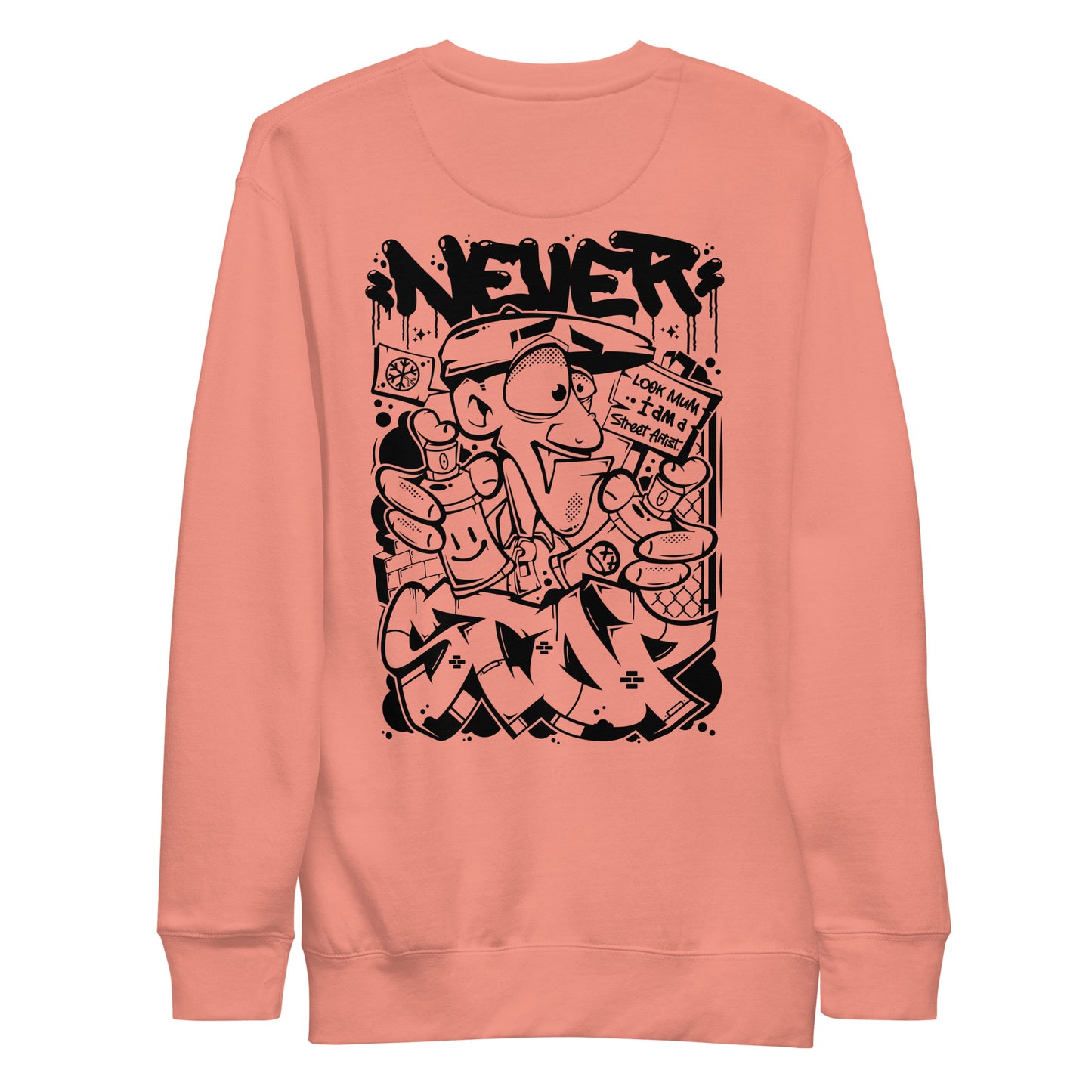 Pink-Never Stop Graffiti Character Sweatshirt from B.Different Clothing, back view, graffiti-inspired streetwear