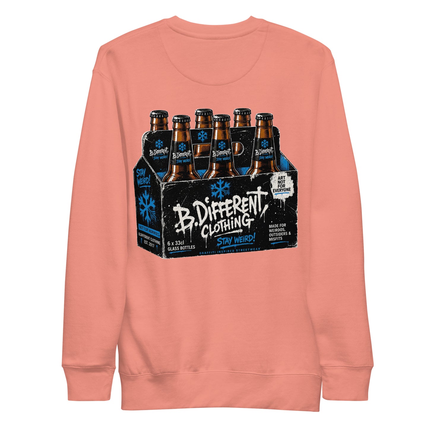 Pink-Six Pack Beer Graffiti Sweatshirt from B.Different Clothing, back view, graffiti-inspired streetwear