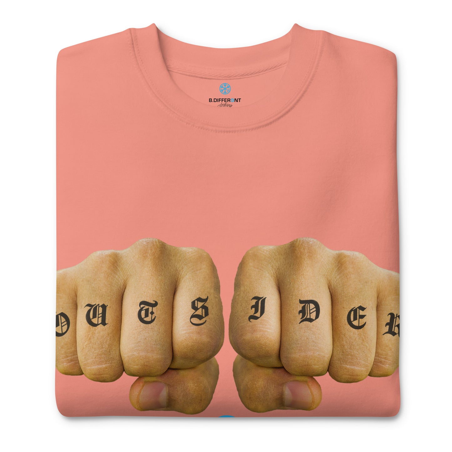Pink-Outsider Tattoo Sweatshirt from B.Different Clothing, folded, graffiti-inspired streetwear