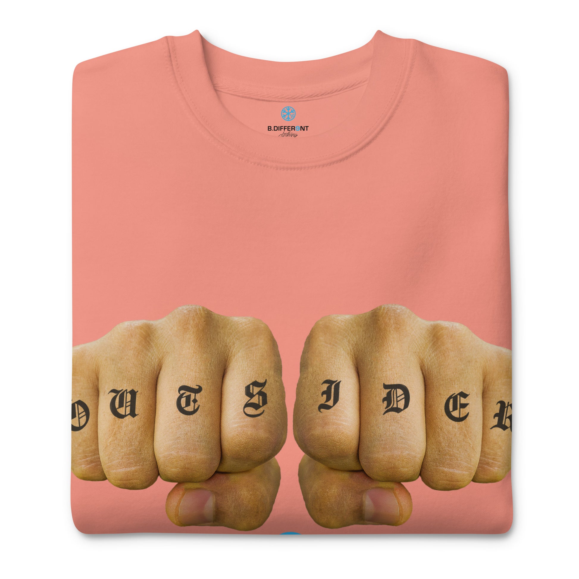 Pink-Outsider Tattoo Sweatshirt from B.Different Clothing, folded, graffiti-inspired streetwear