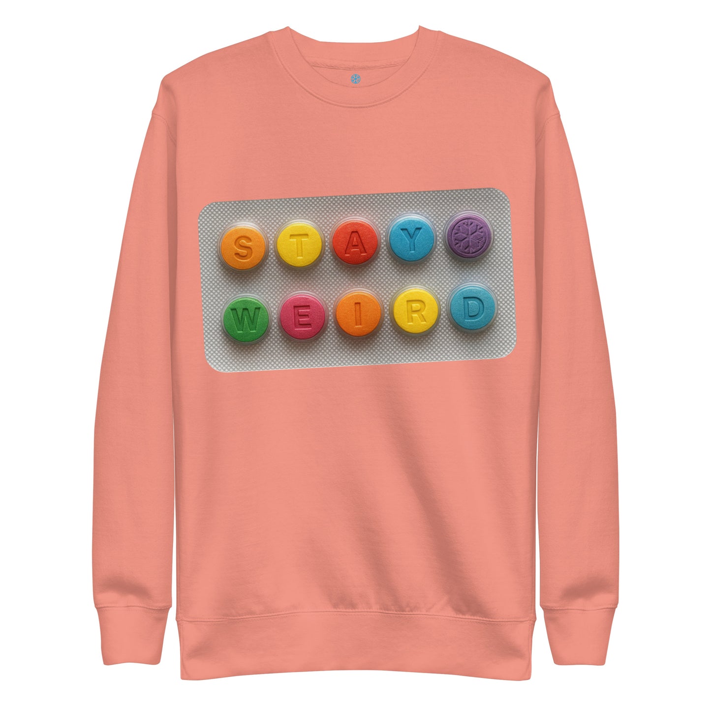 Pink-Stay Weird Pills Sweatshirt from B.Different Clothing, front view, graffiti-inspired streetwear