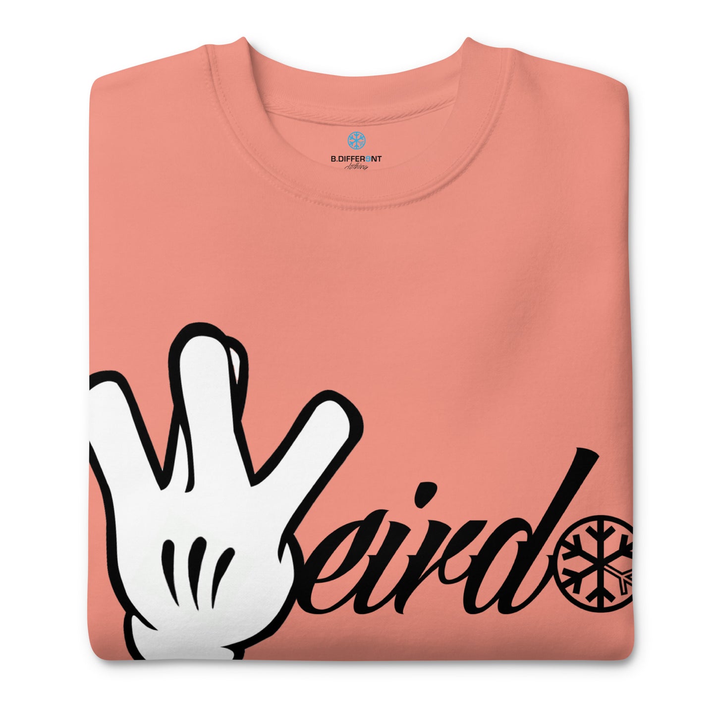 Pink-Weirdo Hand Sign Sweatshirt from B.Different Clothing, folded, graffiti-inspired streetwear