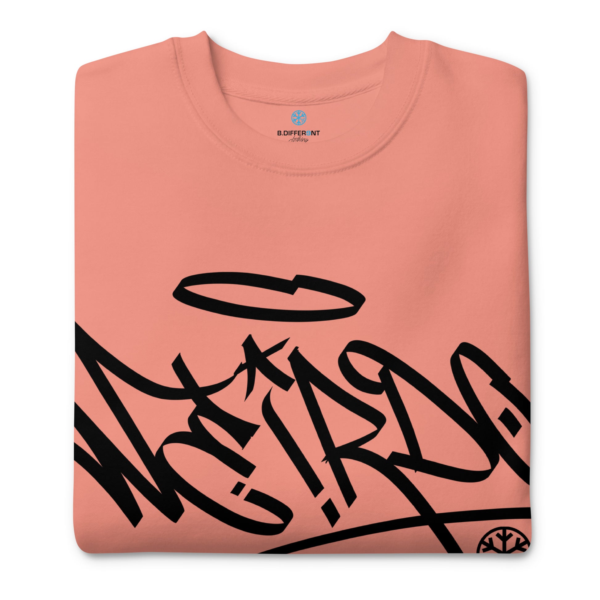 Pink-Weirdo Tag Graffiti Sweatshirt from B.Different Clothing, folded, graffiti-inspired streetwear