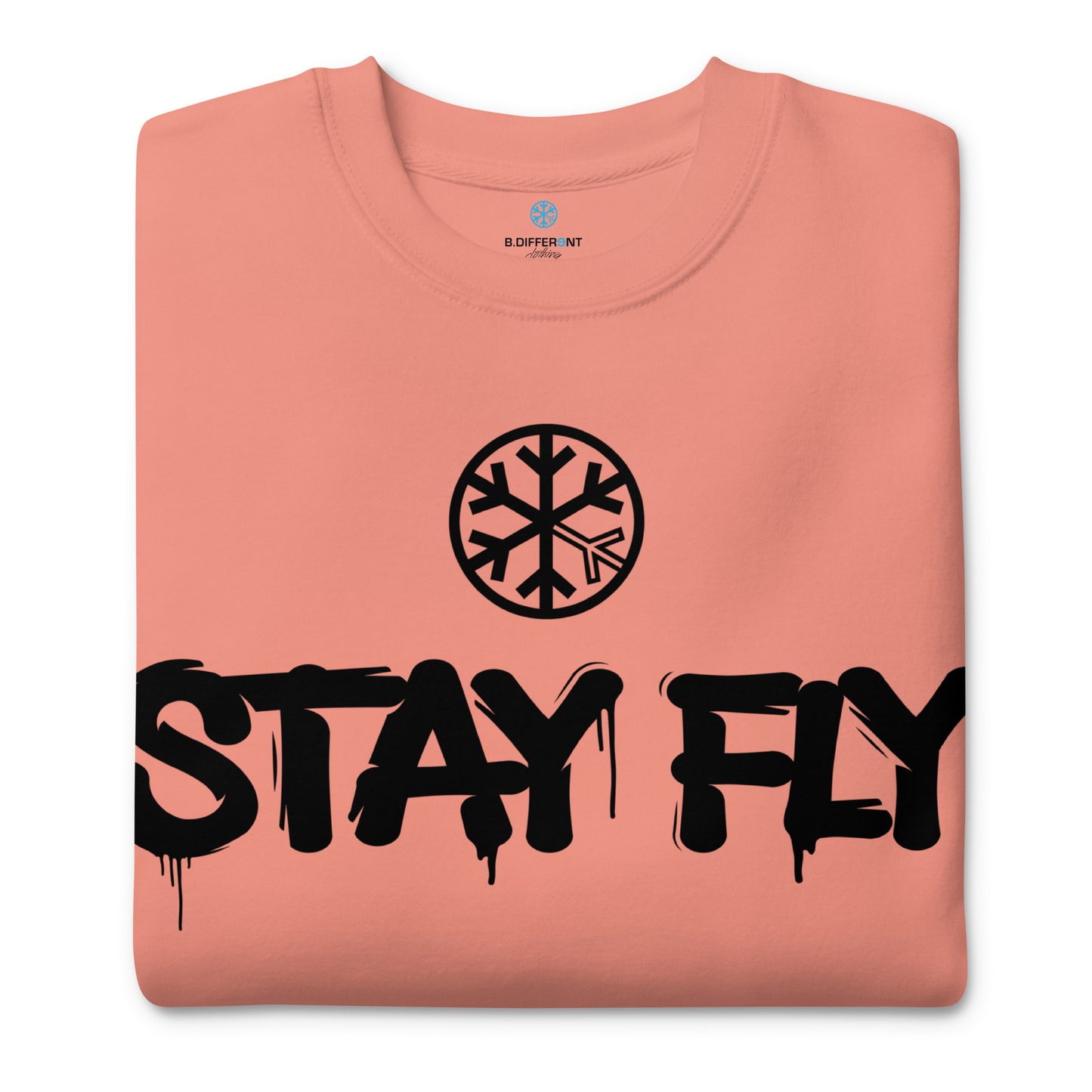 Pink-Stay Fly Graffiti Tag Sweatshirt from B.Different Clothing, folded, graffiti-inspired streetwear