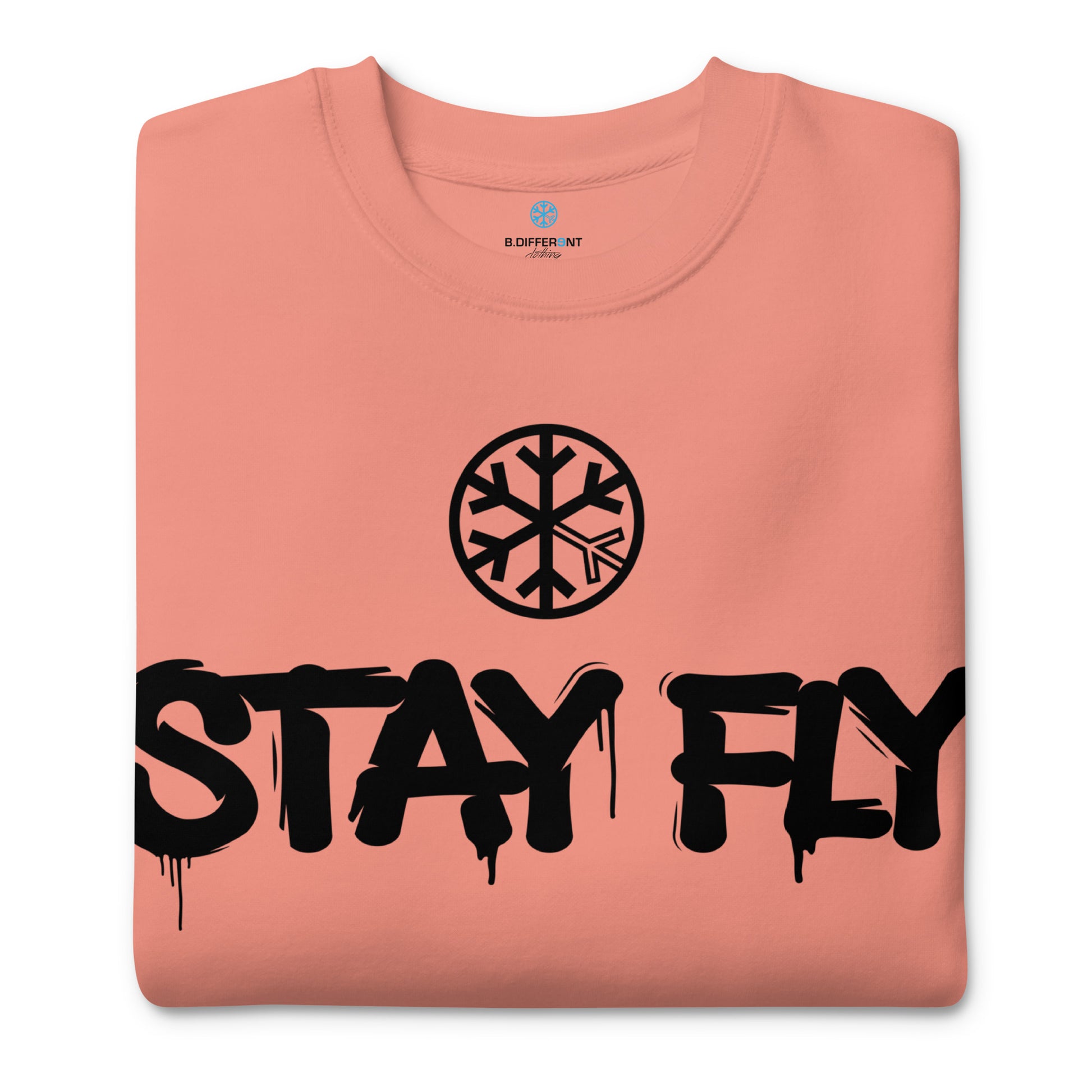 Pink-Stay Fly Graffiti Tag Sweatshirt from B.Different Clothing, folded, graffiti-inspired streetwear