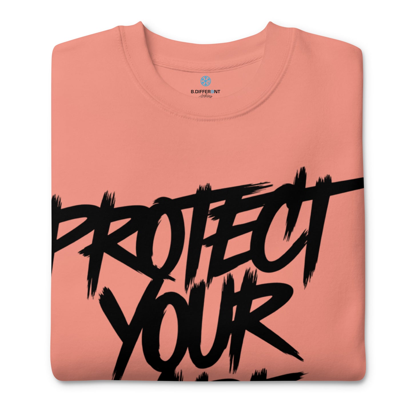 Pink-Protect Your Vibe Graffiti Tag Sweatshirt from B.Different Clothing, folded, graffiti-inspired streetwear