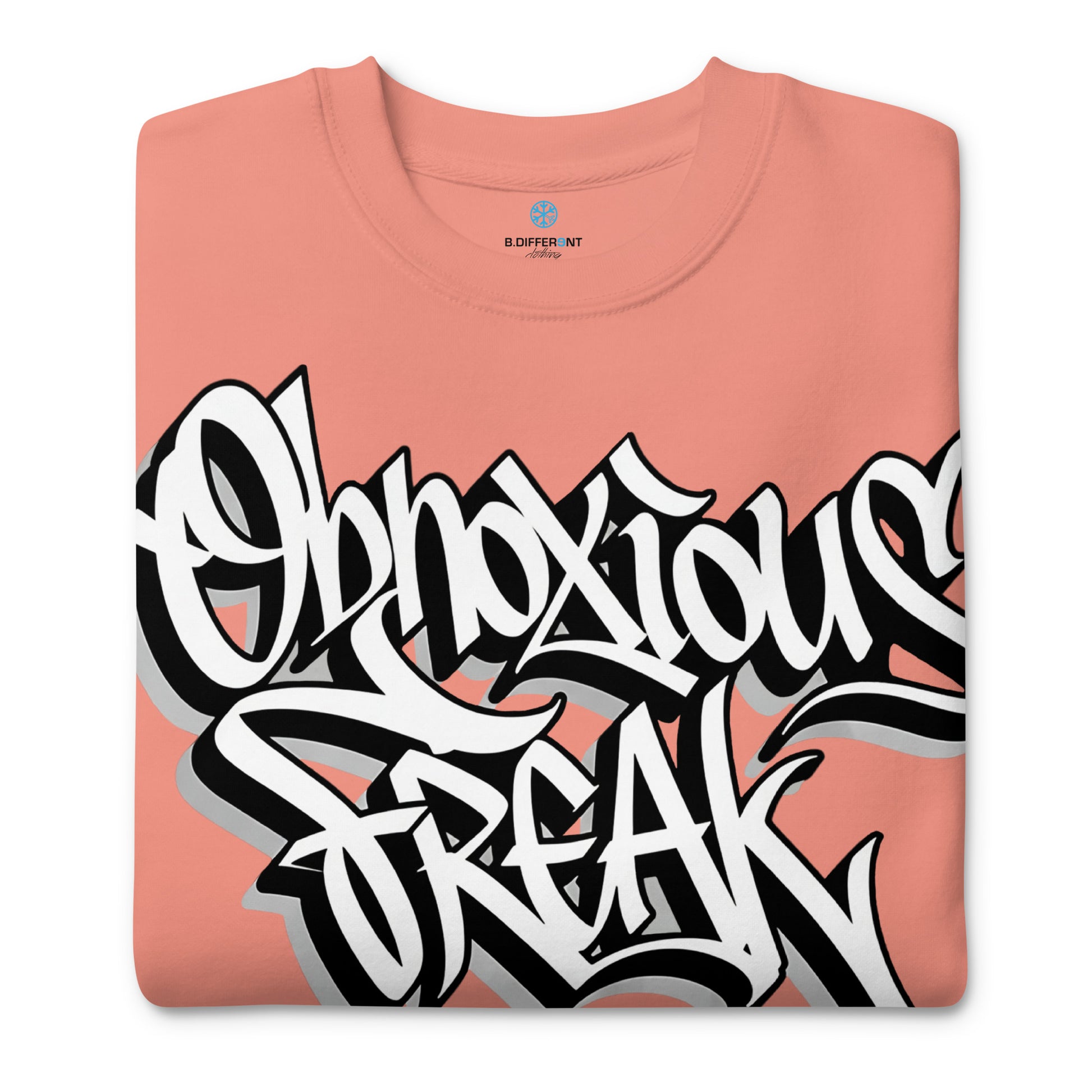Pink-Obnoxious Freak Graffiti Sweatshirt from B.Different Clothing, folded, graffiti-inspired streetwear