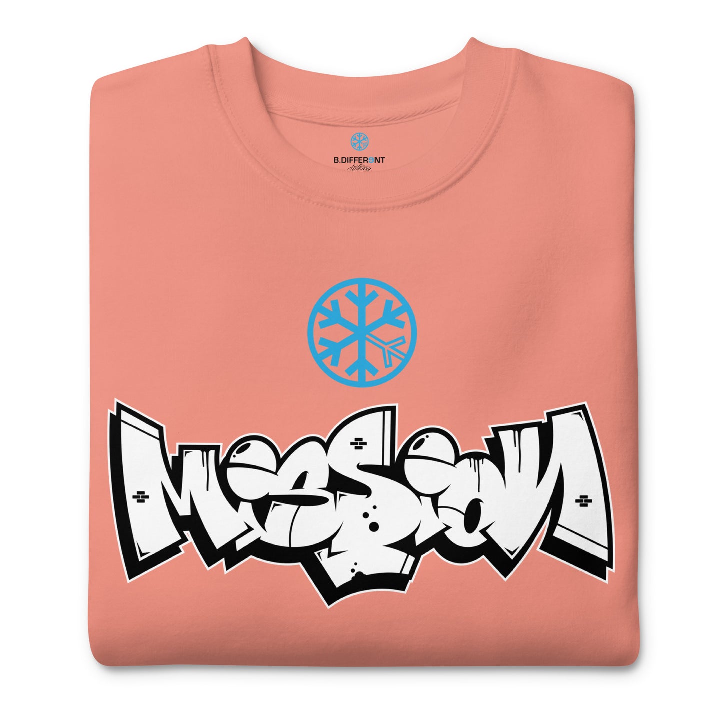 Pink-Mission Graffiti Piece Sweatshirt from B.Different Clothing, folded, graffiti-inspired streetwear