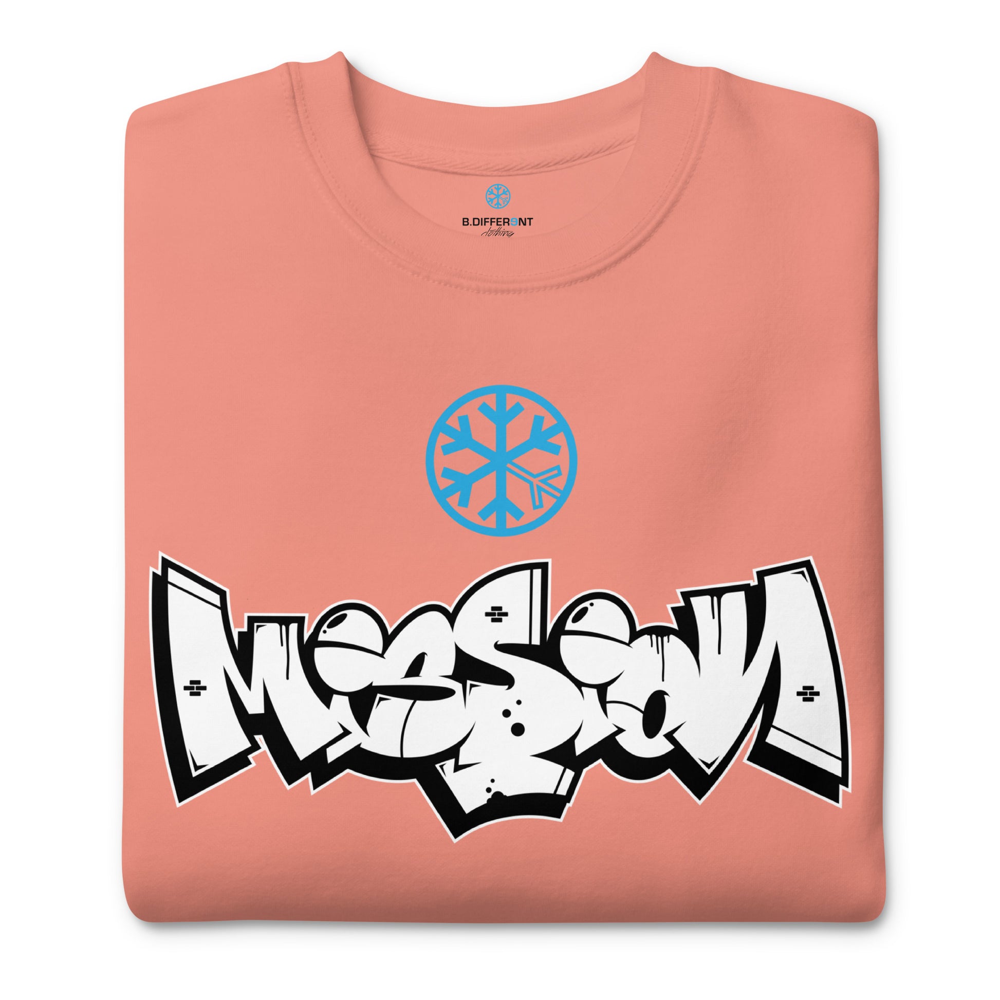 Pink-Mission Graffiti Piece Sweatshirt from B.Different Clothing, folded, graffiti-inspired streetwear