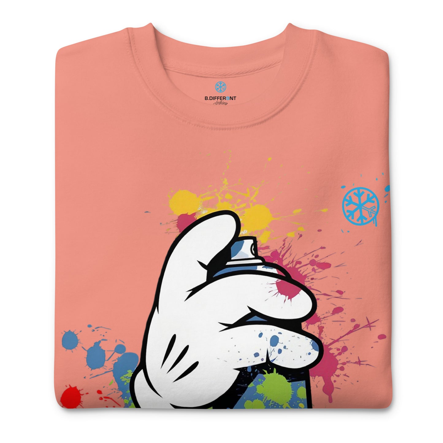 Pink-Hand Spray Can Graffiti Sweatshirt from B.Different Clothing, folded, graffiti-inspired streetwear