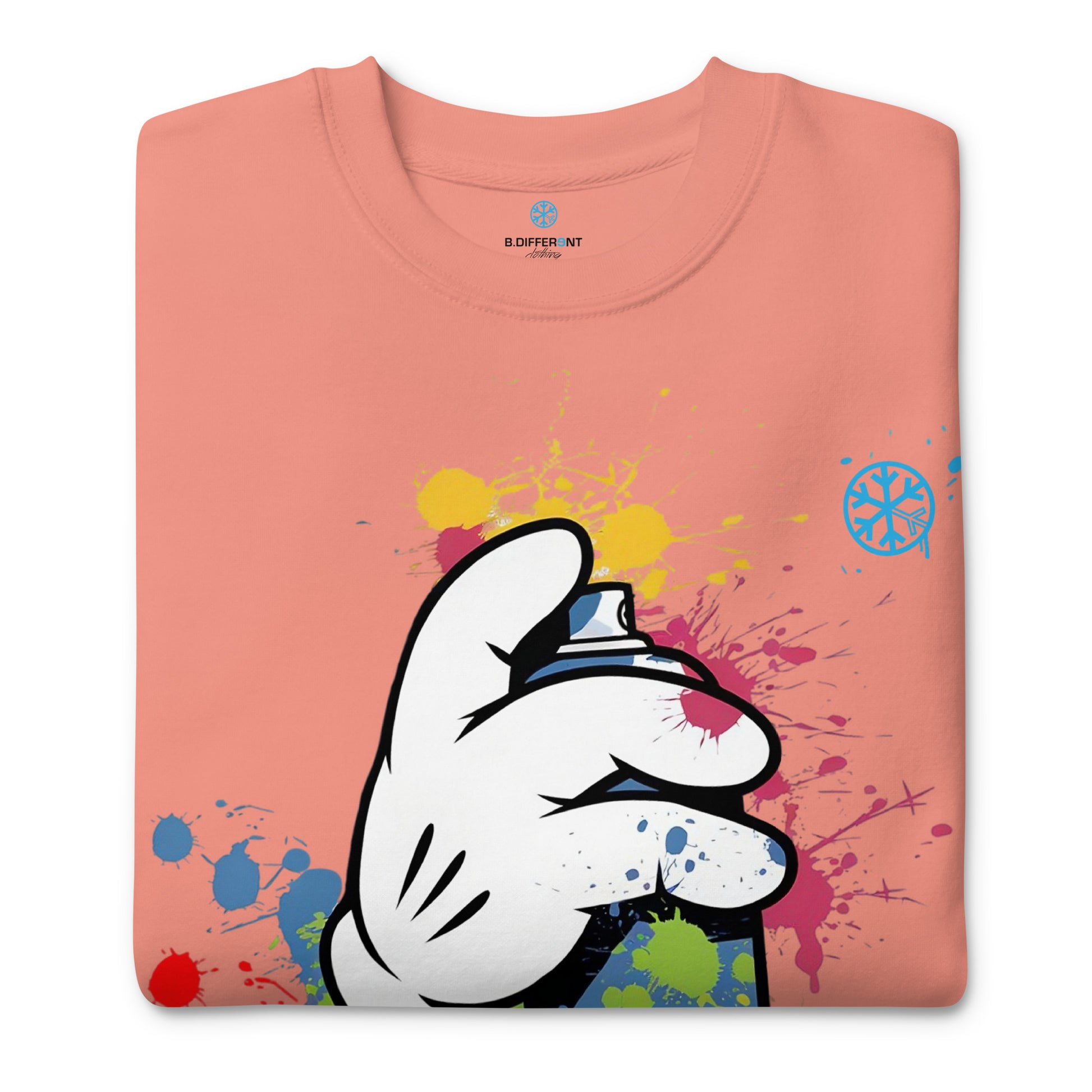 Pink-Hand Spray Can Graffiti Sweatshirt from B.Different Clothing, folded, graffiti-inspired streetwear