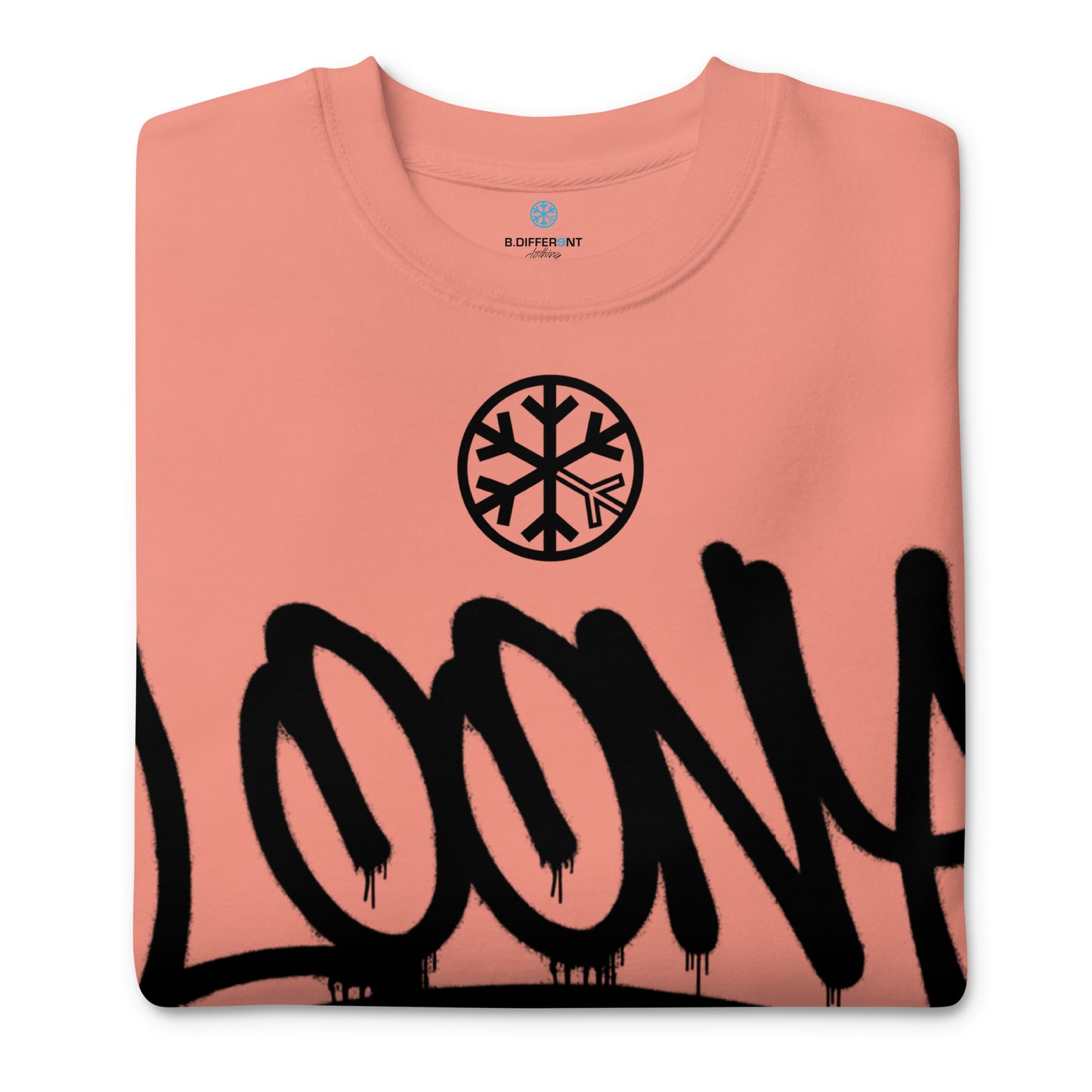 Pink-Loony Graffiti Tag Sweatshirt from B.Different Clothing, folded, graffiti-inspired streetwear
