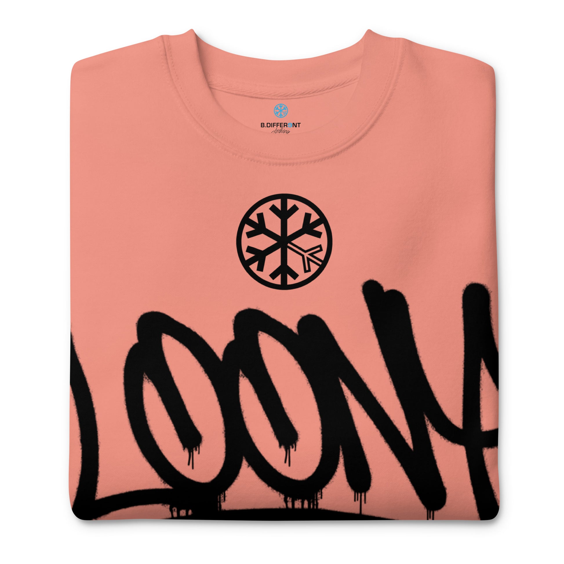 Pink-Loony Graffiti Tag Sweatshirt from B.Different Clothing, folded, graffiti-inspired streetwear