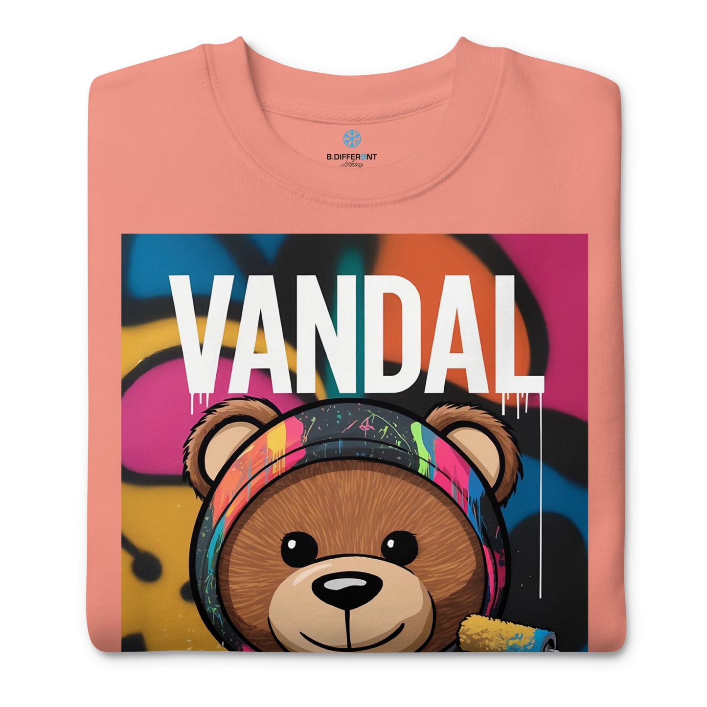 Pink-Vandal Teddy Bear Graffiti Sweatshirt from B.Different Clothing, folded, graffiti-inspired streetwear
