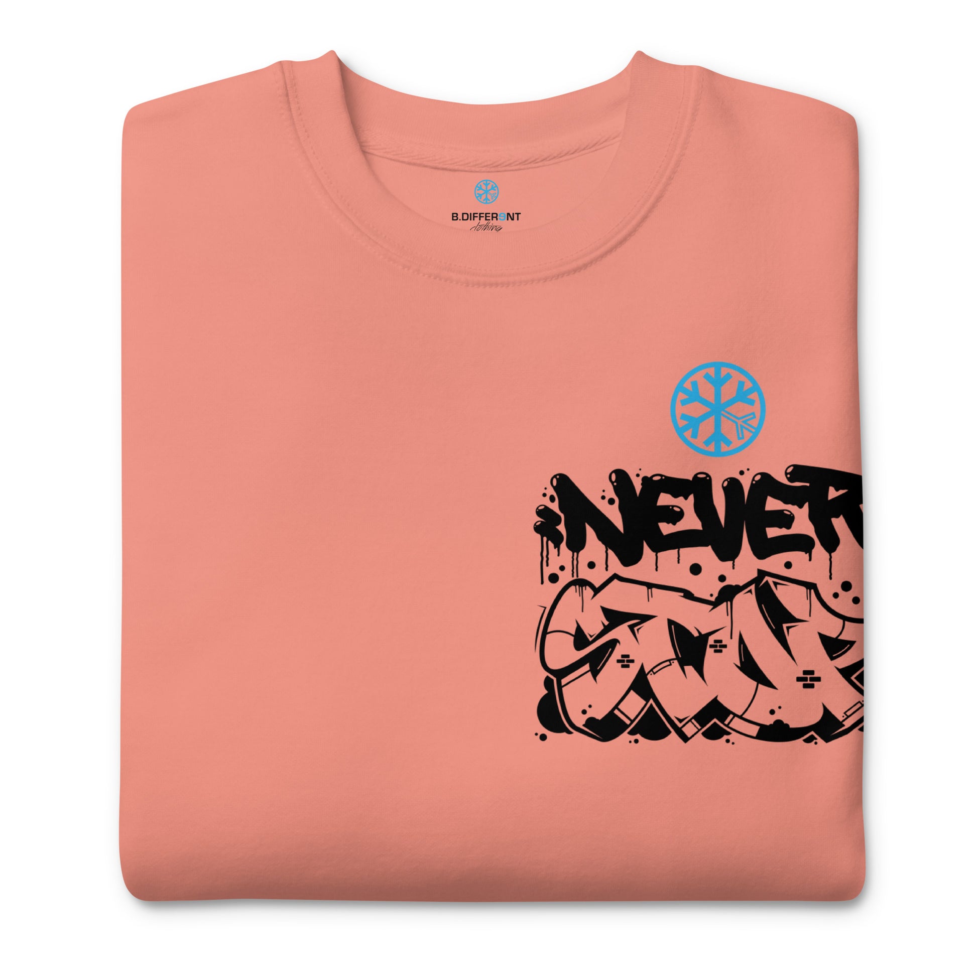 Pink-Never Stop Graffiti Character Sweatshirt from B.Different Clothing, folded, graffiti-inspired streetwear