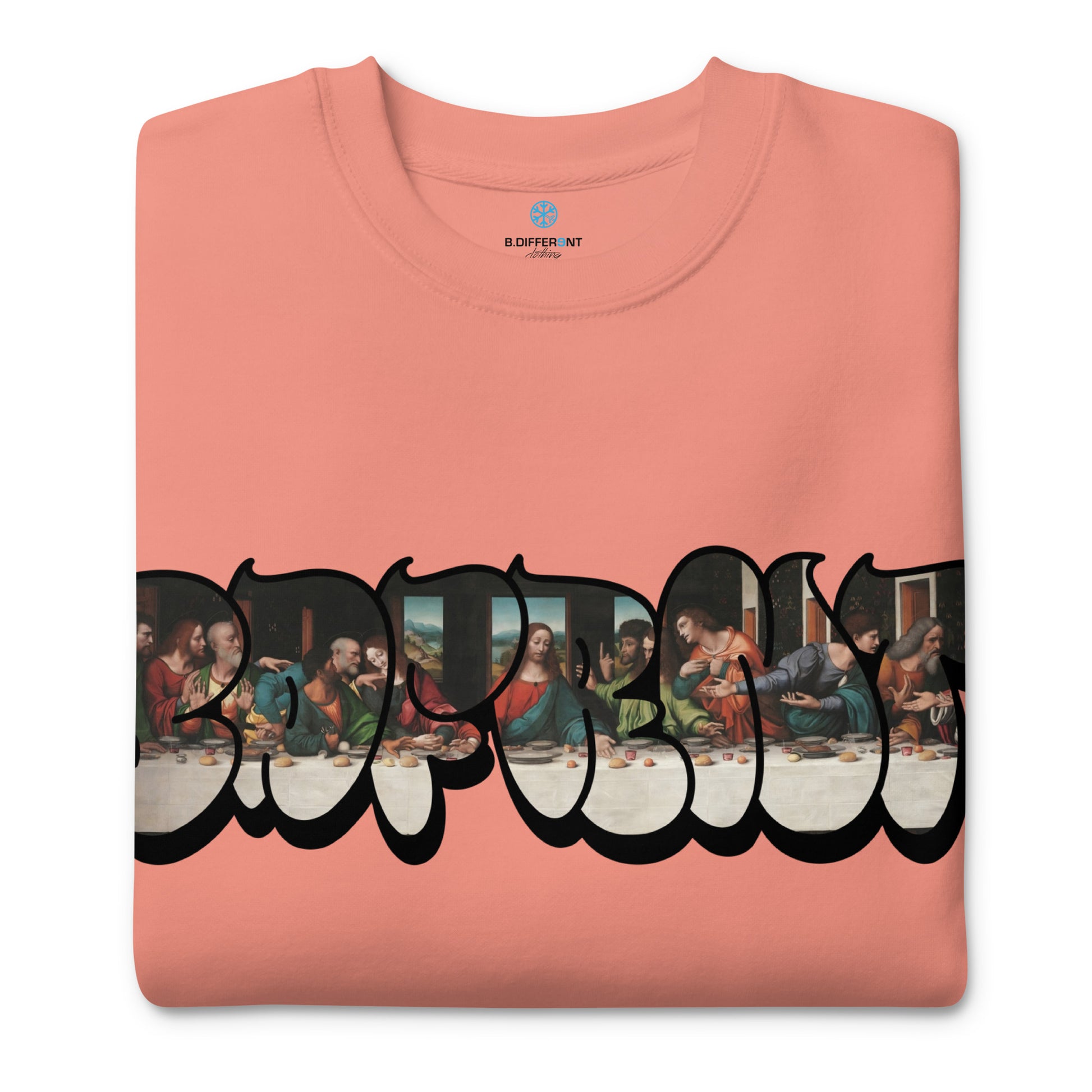 Pink-BDFRNT Throwie x Last Supper Graffiti Sweatshirt from B.Different Clothing, folded, graffiti-inspired streetwear