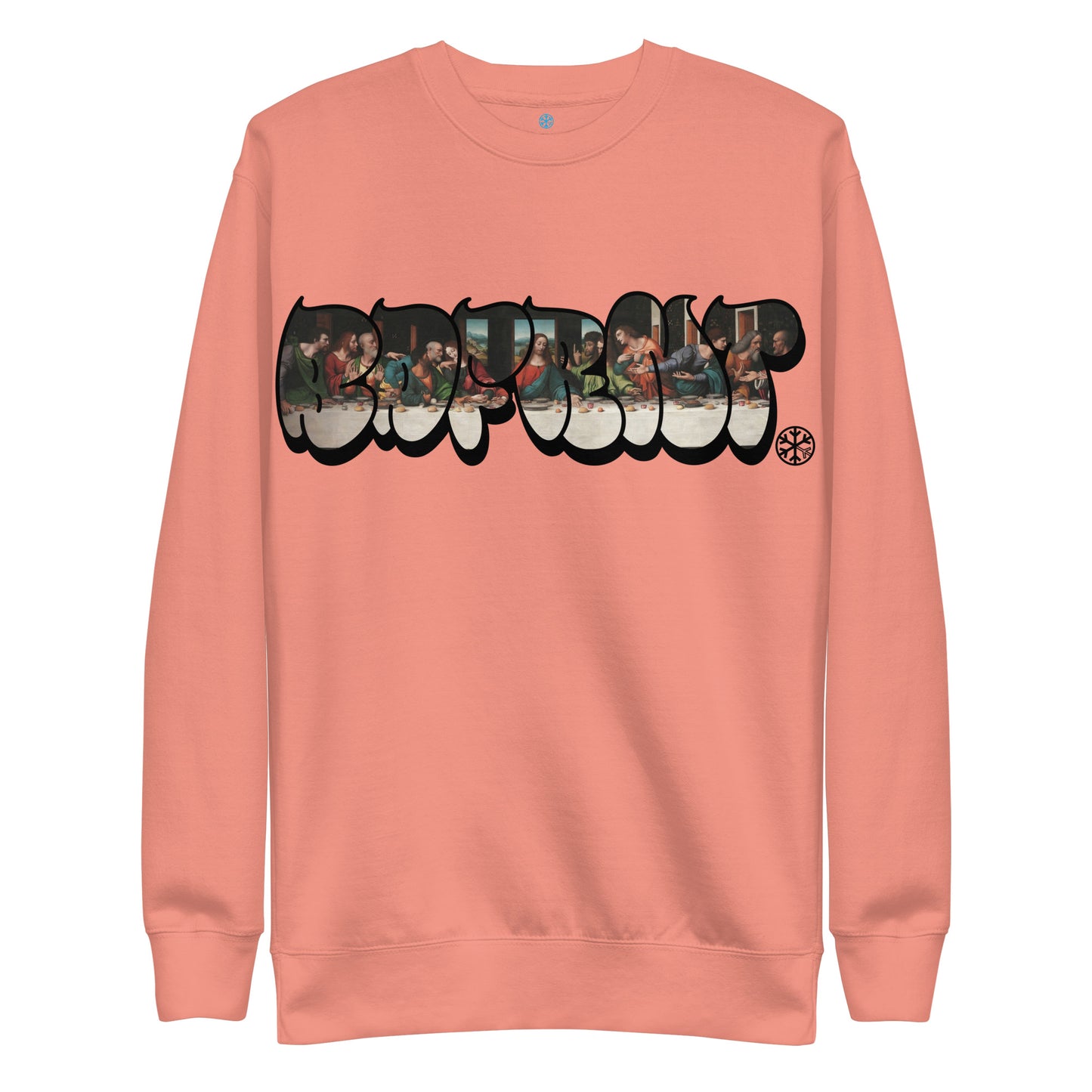 Pink-BDFRNT Throwie x Last Supper Graffiti Sweatshirt from B.Different Clothing, front view, graffiti-inspired streetwear