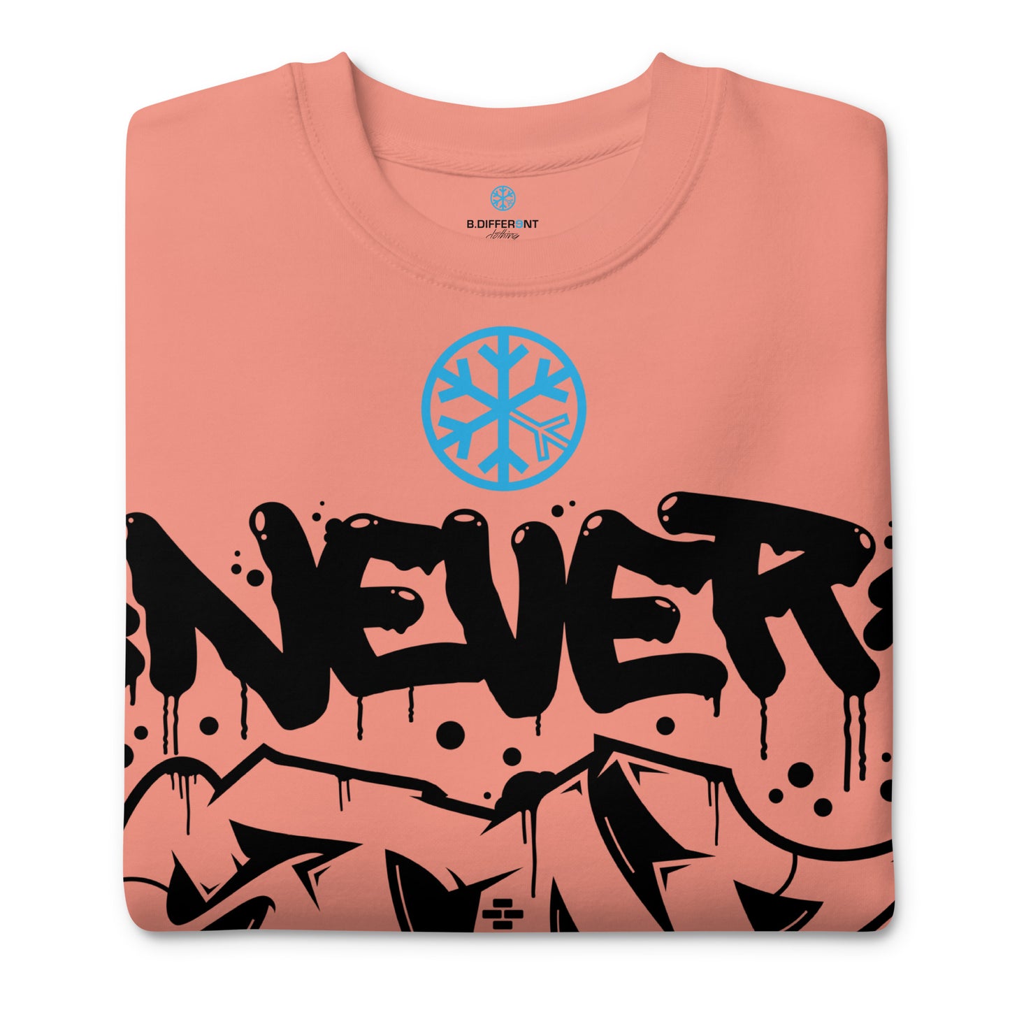 Pink-Never Stop Graffiti Piece Sweatshirt from B.Different Clothing, folded, graffiti-inspired streetwear