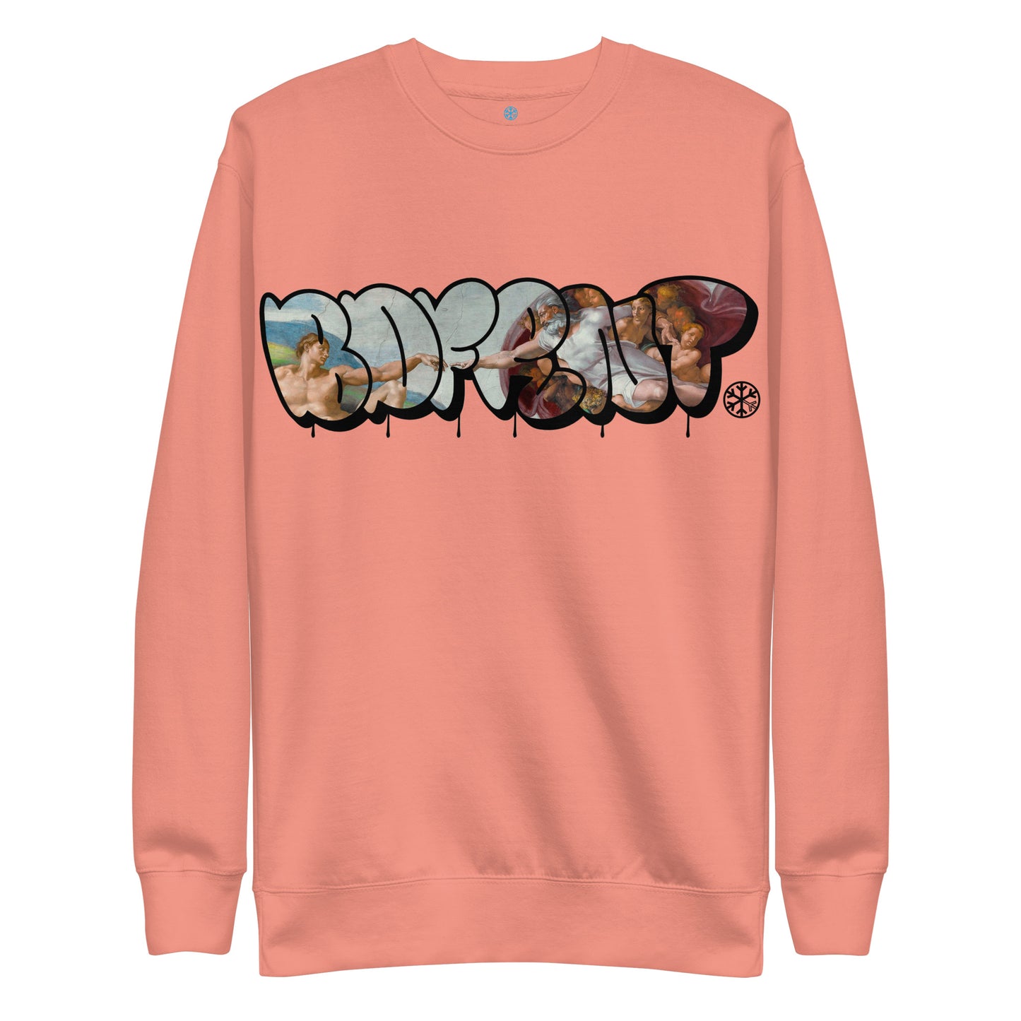 Pink-BDFRNT Throwie x Creation of Adam Graffiti Sweatshirt from B.Different Clothing, front view, graffiti-inspired streetwear