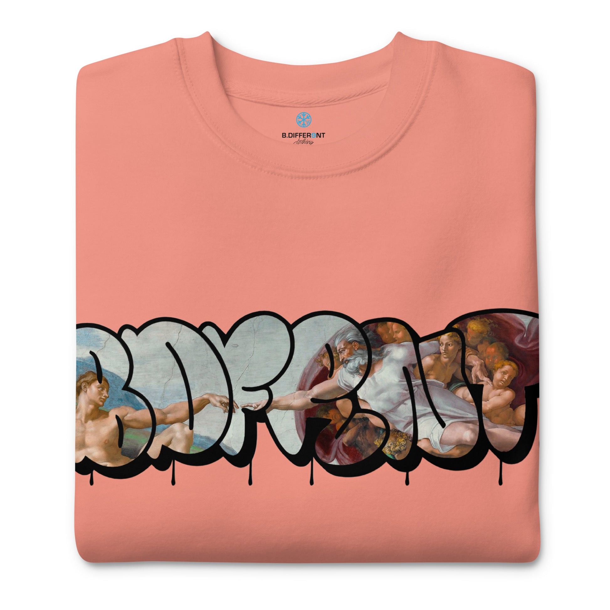 Pink-BDFRNT Throwie x Creation of Adam Graffiti Sweatshirt from B.Different Clothing, folded, graffiti-inspired streetwear
