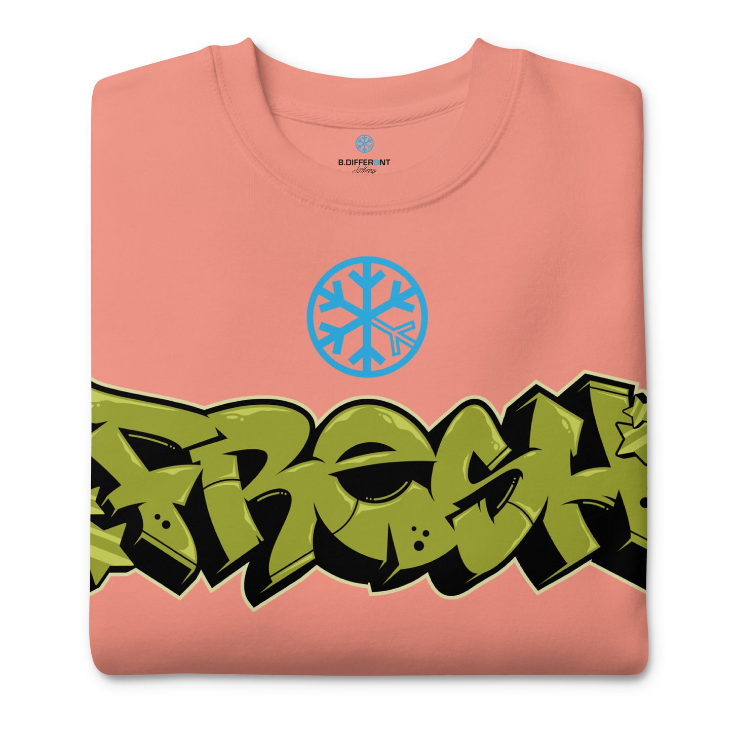 Pink-Fresh Graffiti Piece Sweatshirt from B.Different Clothing, folded, graffiti-inspired streetwear