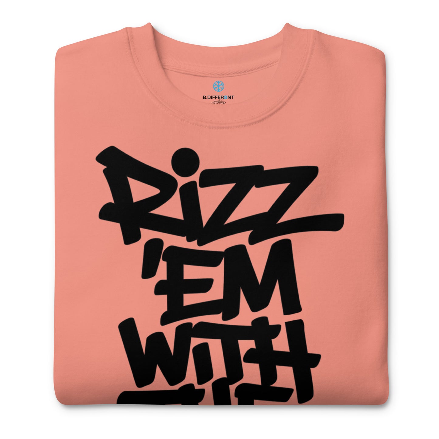 Pink-Rizz 'Em With The 'Tism Graffiti Sweatshirt from B.Different Clothing, folded, graffiti-inspired streetwear