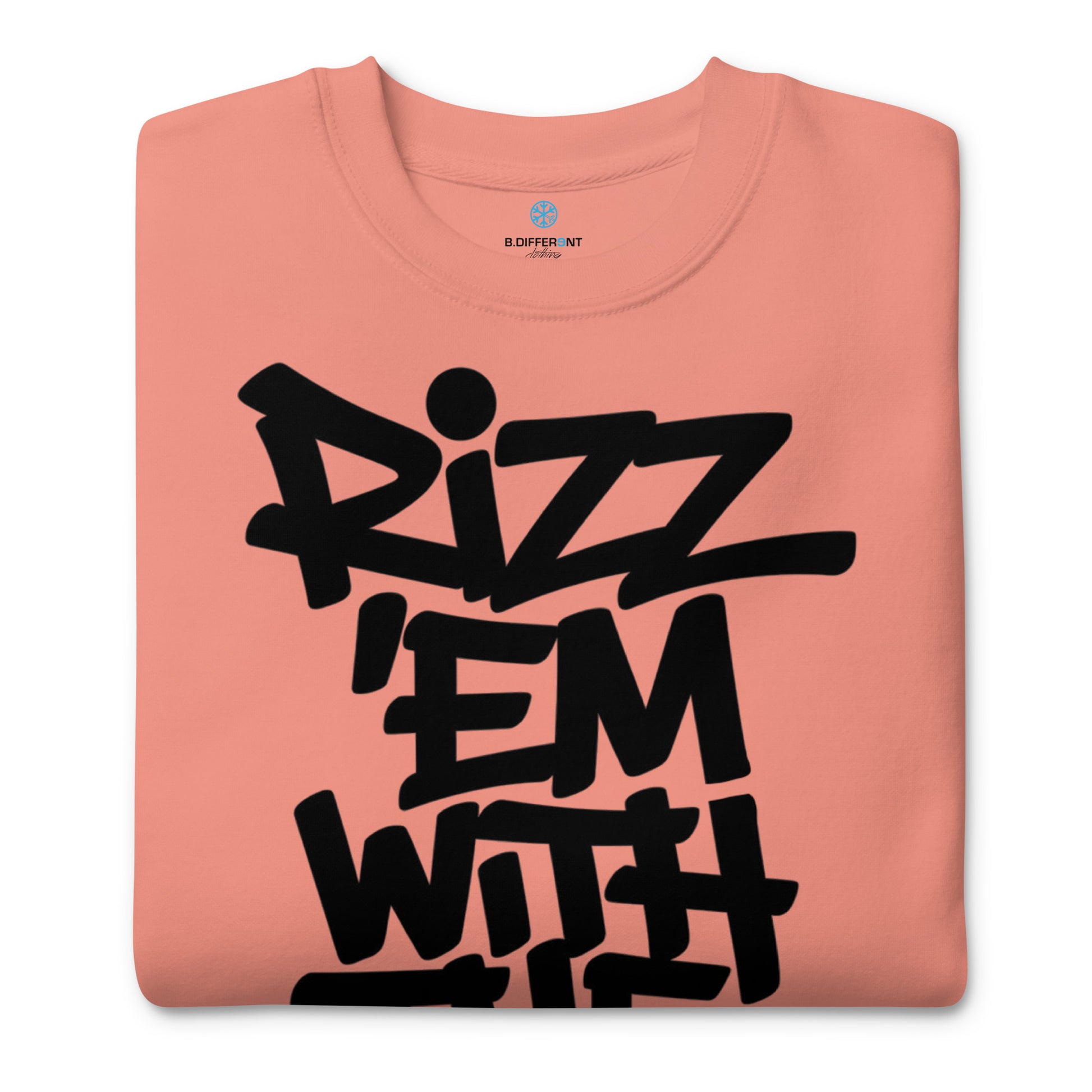 Pink-Rizz 'Em With The 'Tism Graffiti Sweatshirt from B.Different Clothing, folded, graffiti-inspired streetwear