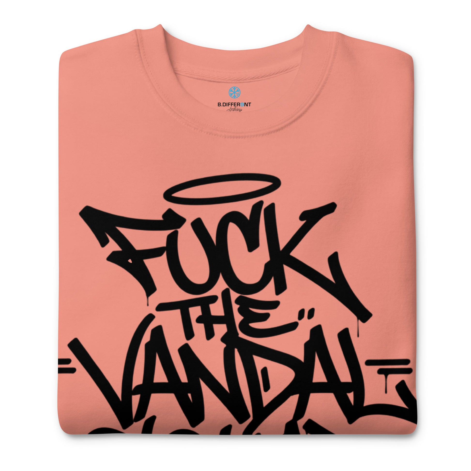 Pink-Fuck The Vandal Squad Graffiti Sweatshirt from B.Different Clothing, folded, graffiti-inspired streetwear