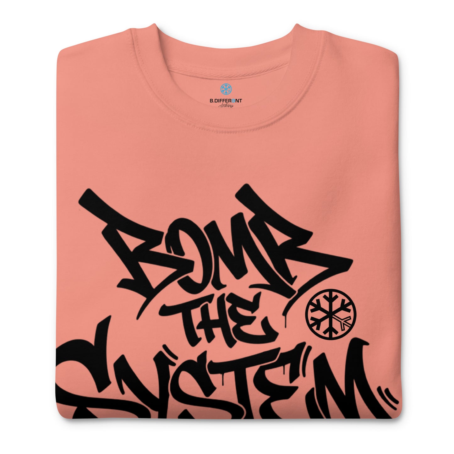 Pink-Bomb The System Graffiti Sweatshirt from B.Different Clothing, folded, graffiti-inspired streetwear