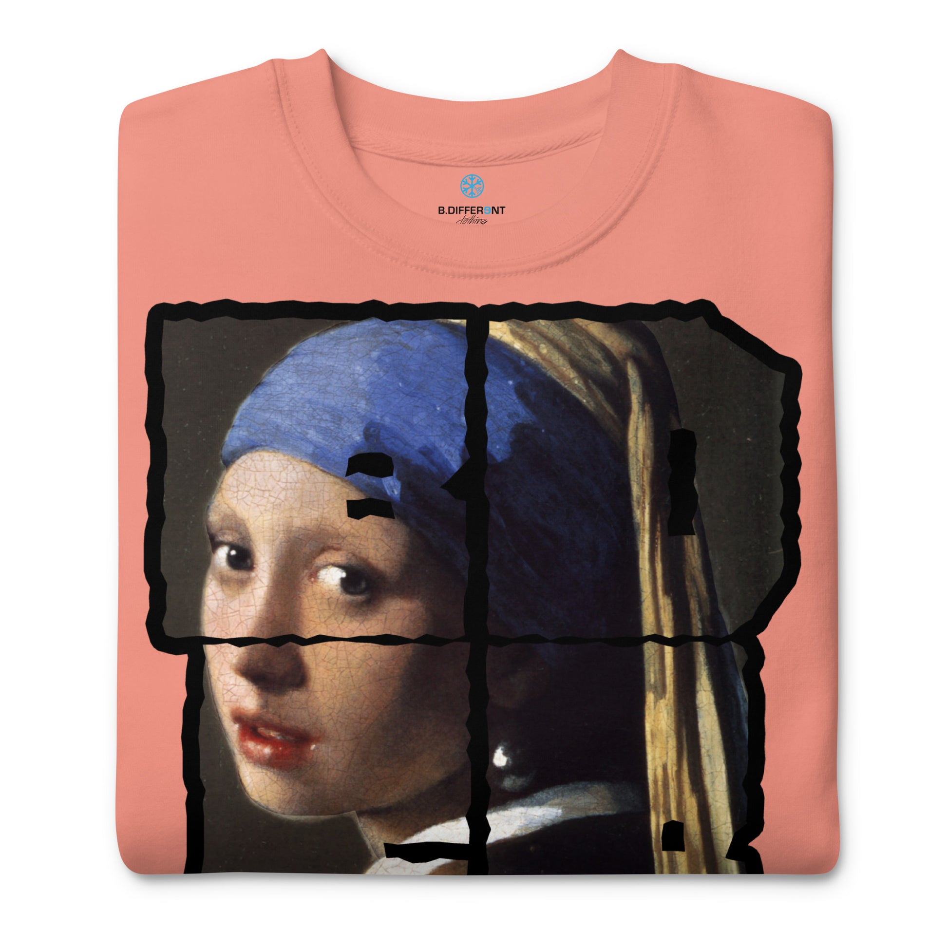 Pink-BDFRNT Throwie x Girl With Pearl Earring Graffiti Sweatshirt from B.Different Clothing, folded, graffiti-inspired streetwear