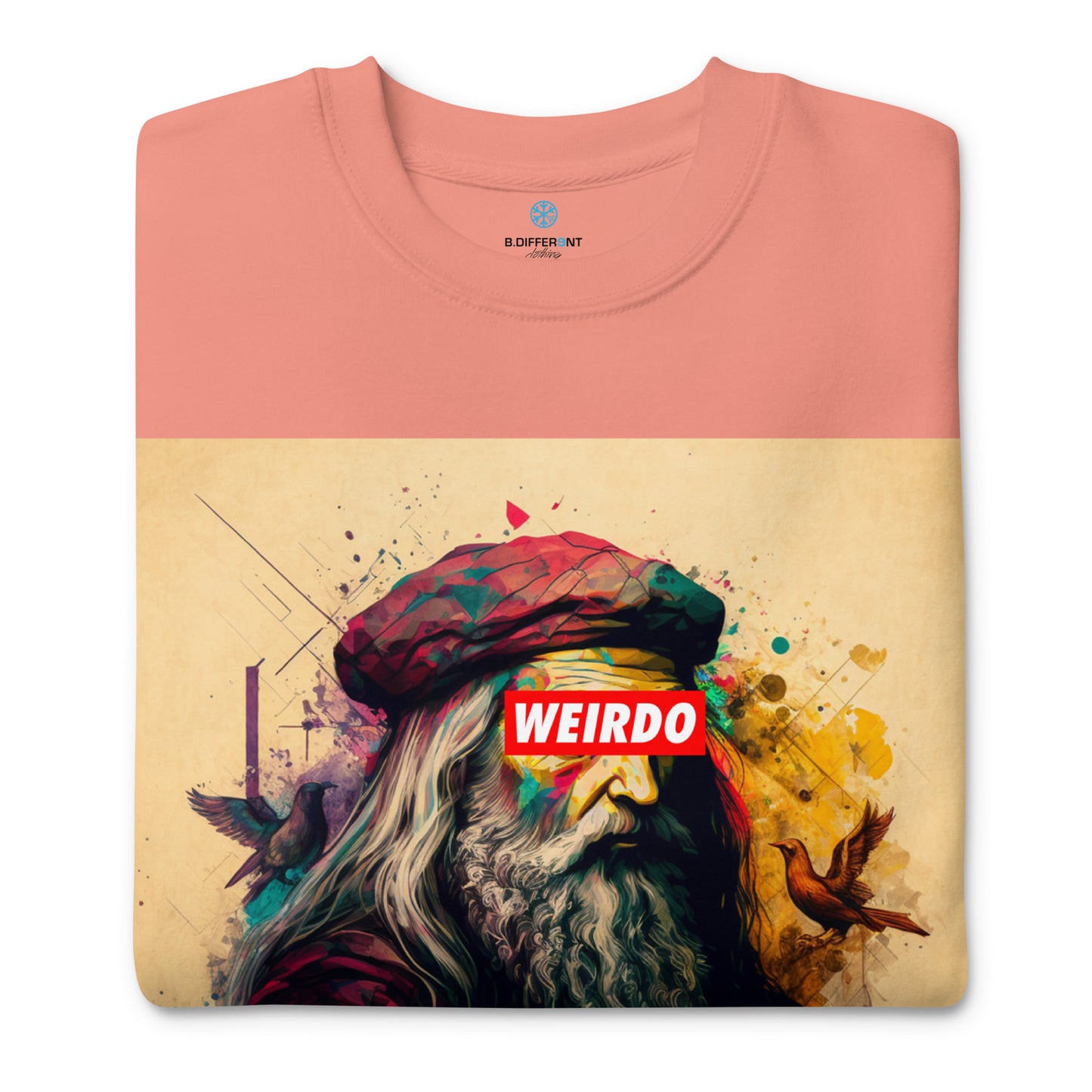 Pink-Leonardo da Vinci Sweatshirt from B.Different Clothing, folded, graffiti-inspired streetwear
