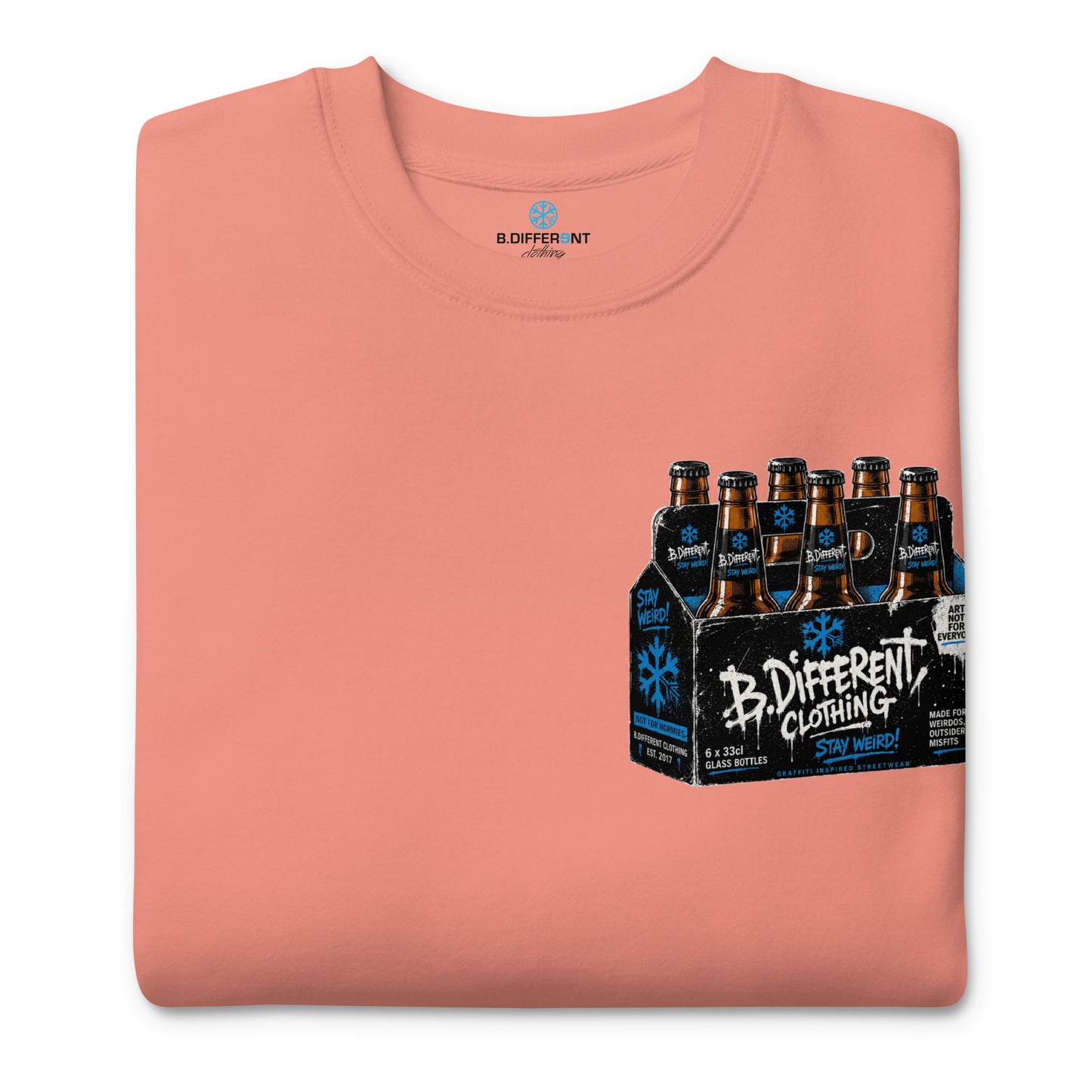 Pink-Six Pack Beer Graffiti Sweatshirt from B.Different Clothing, folded, graffiti-inspired streetwear
