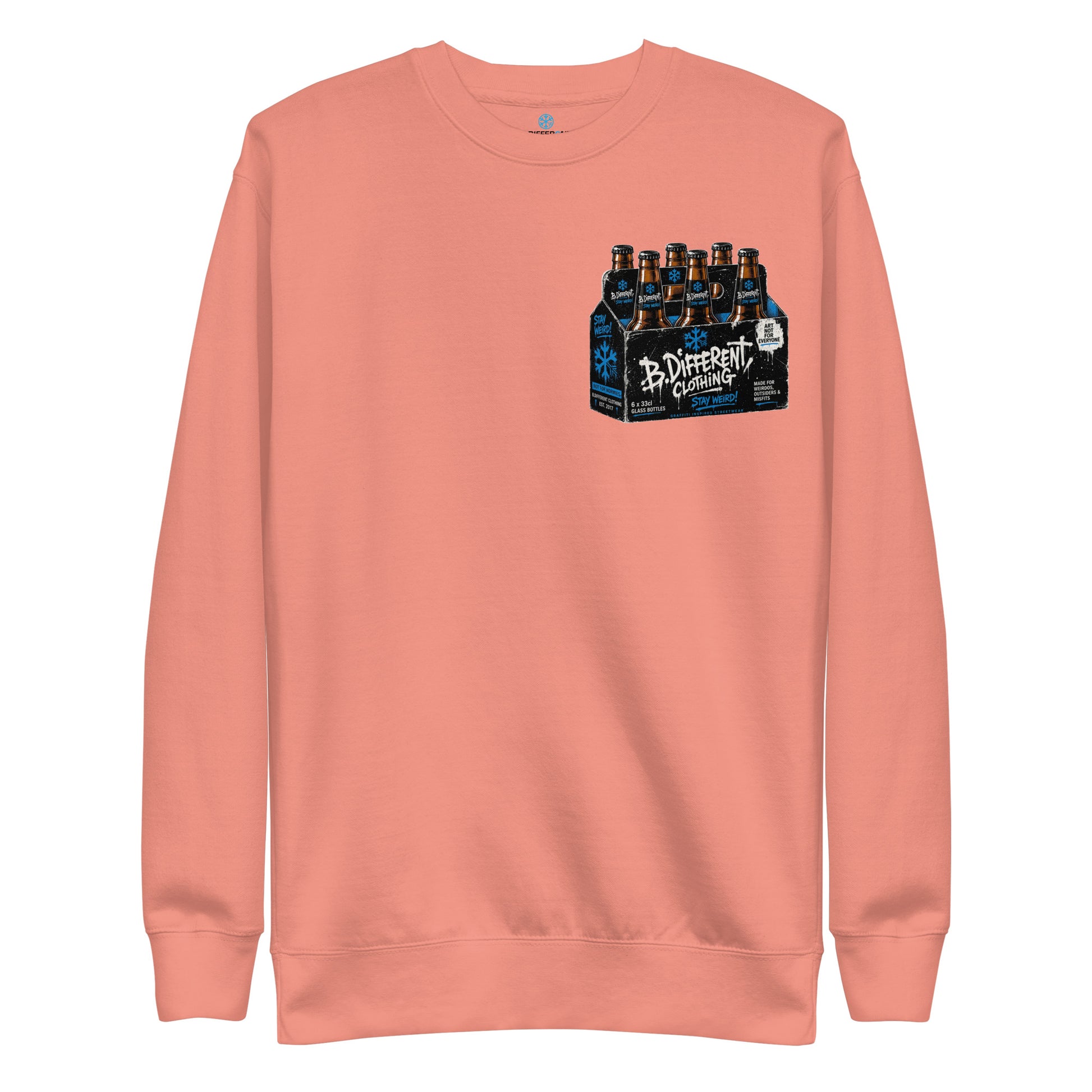 Pink-Six Pack Beer Graffiti Sweatshirt from B.Different Clothing, front view, graffiti-inspired streetwear
