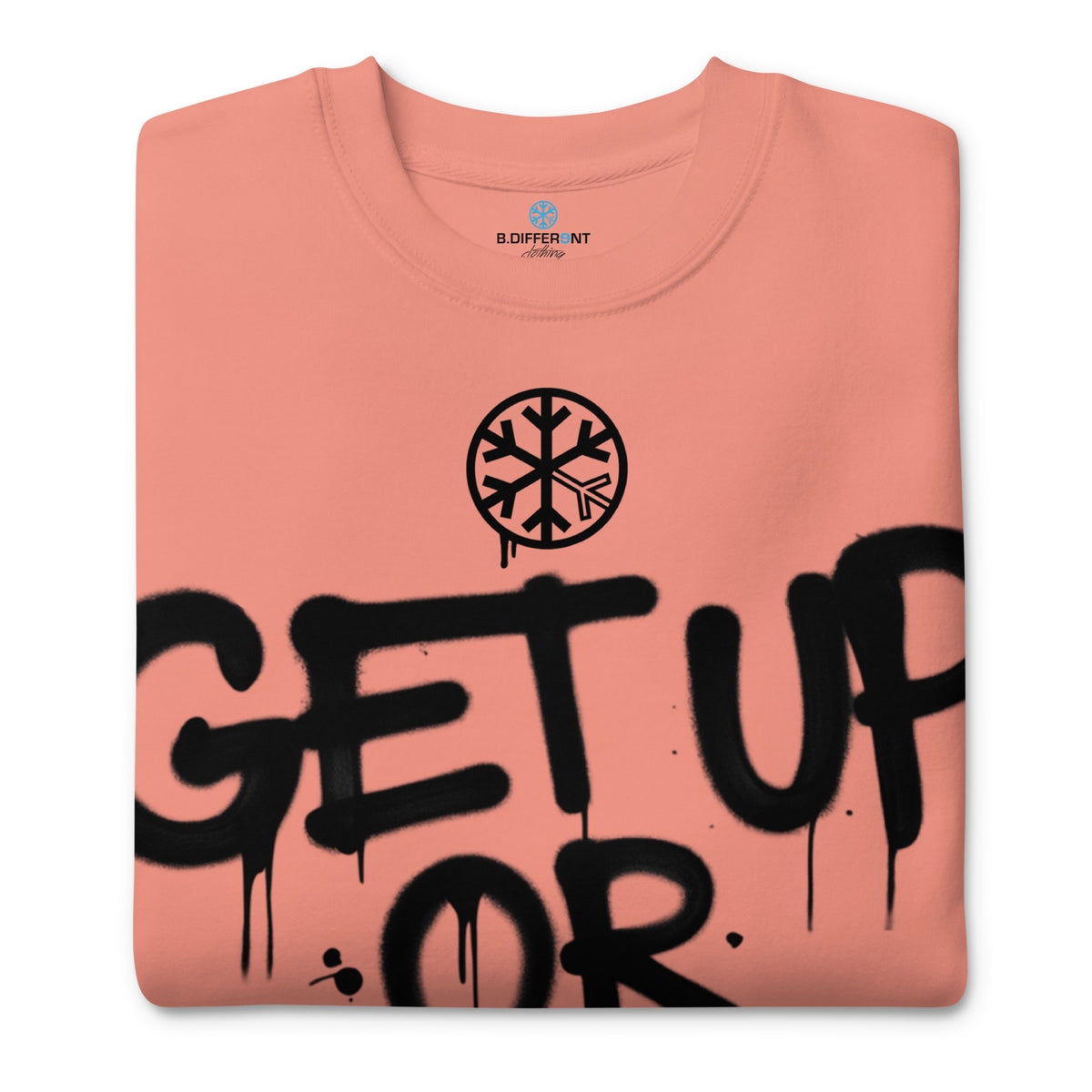 Dusty Rose-Get Up or Die Graffiti Tag Sweatshirt from B.Different Clothing, folded, graffiti-inspired streetwear