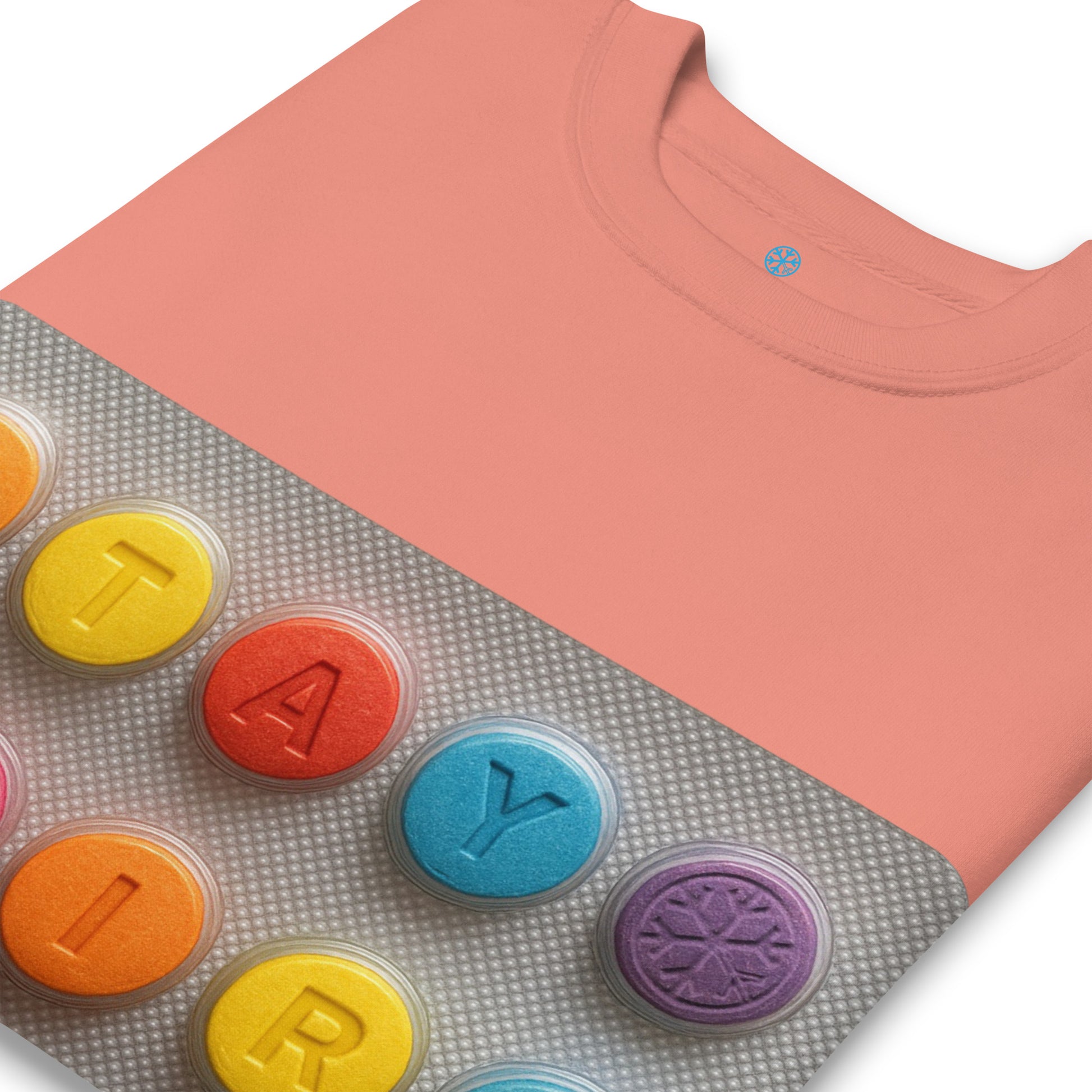 Pink-Stay Weird Pills Sweatshirt from B.Different Clothing, detail, graffiti-inspired streetwear